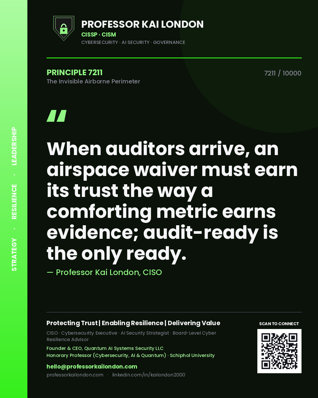 Quote card by Professor Kai London reading 'When auditors arrive, an airspace waiver must earn its trust the way a comforting metric earns evidence; audit-ready is the only ready.'. From the book The Invisible Airborne Perimeter.