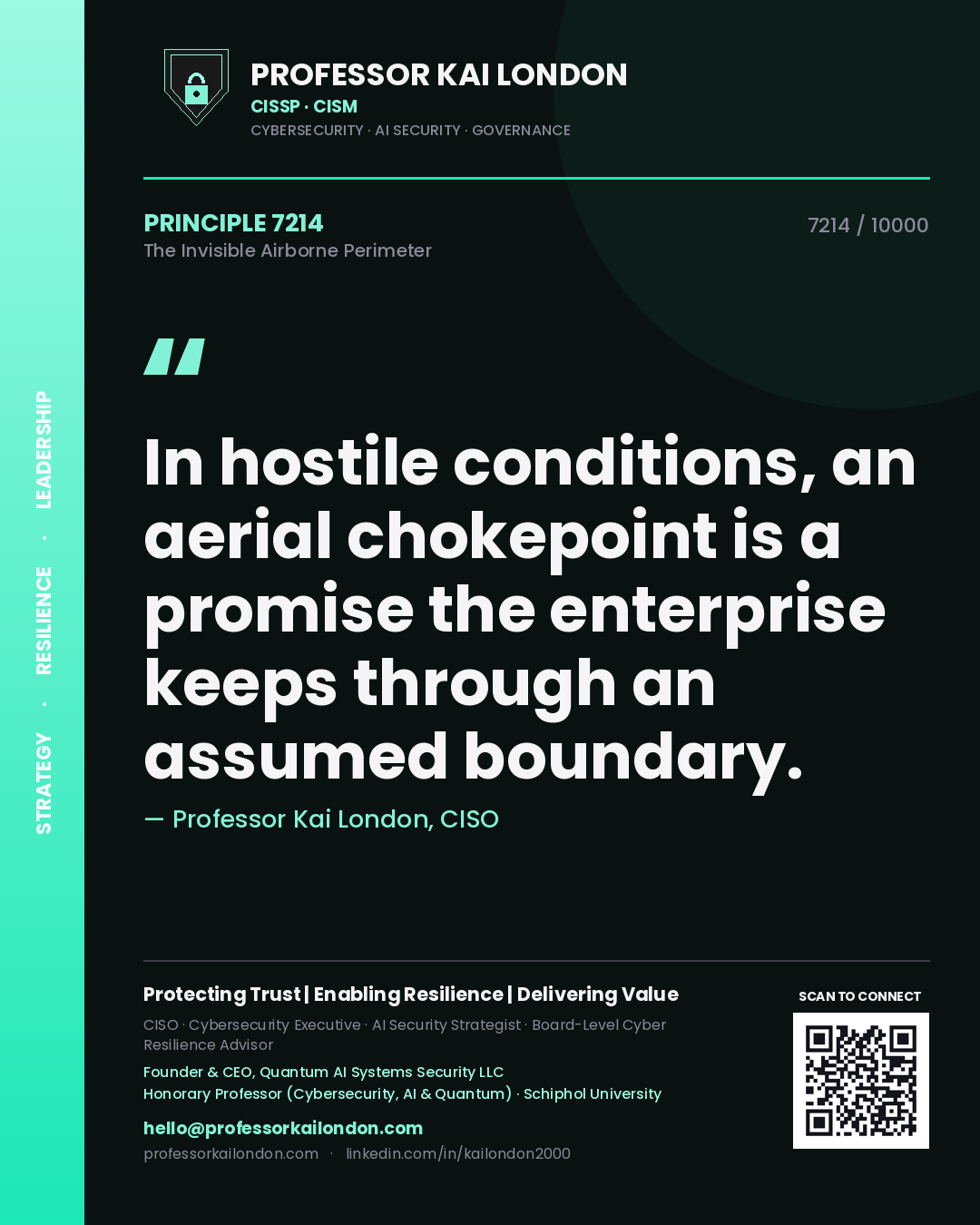 Quote card by Professor Kai London reading 'In hostile conditions, an aerial chokepoint is a promise the enterprise keeps through an assumed boundary.'. From the book The Invisible Airborne Perimeter.