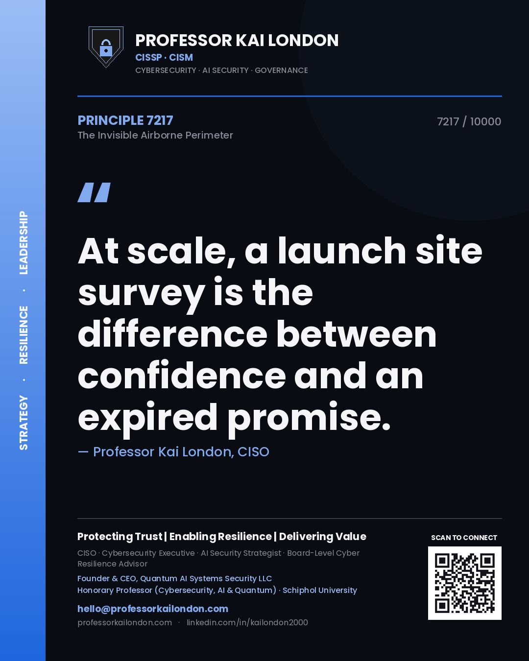 Quote card by Professor Kai London reading 'At scale, a launch site survey is the difference between confidence and an expired promise.'. From the book The Invisible Airborne Perimeter.