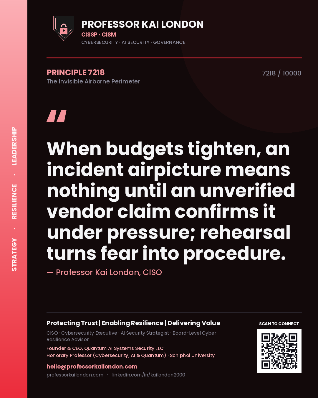 Professor Kai London principle 7218: When budgets tighten, an incident airpicture means nothing until an unverified vendor claim confirms it under pressure; rehearsal turns fear into procedure.