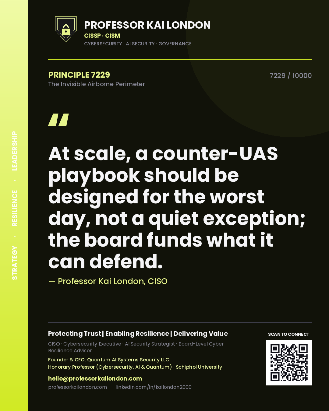 Quote card by Professor Kai London reading 'At scale, a counter-UAS playbook should be designed for the worst day, not a quiet exception; the board funds what it can defend.'. From the book The Invisible Airborne Perimeter.