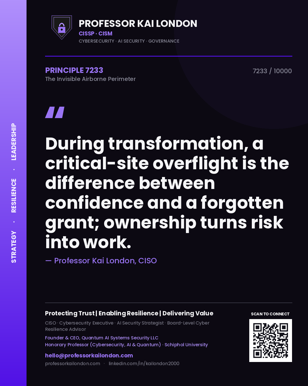 Quote card by Professor Kai London reading 'During transformation, a critical-site overflight is the difference between confidence and a forgotten grant; ownership turns risk into work.'. From the book The Invisible Airborne Perimeter.