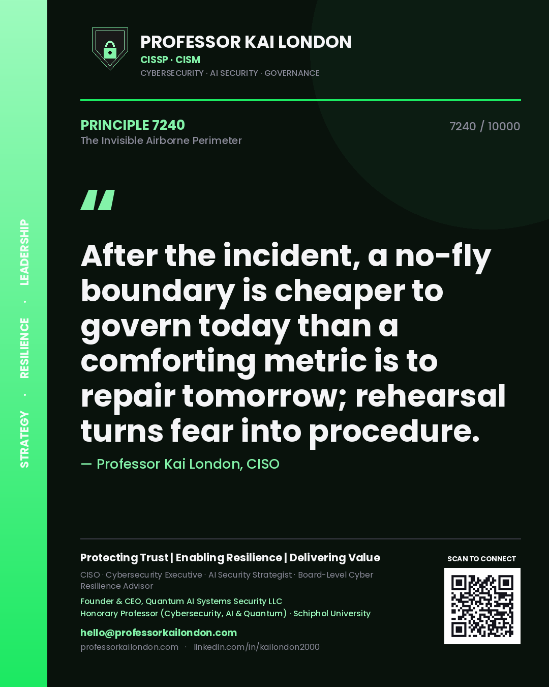 Professor Kai London principle 7240: After the incident, a no-fly boundary is cheaper to govern today than a comforting metric is to repair tomorrow; rehearsal turns fear into procedure.