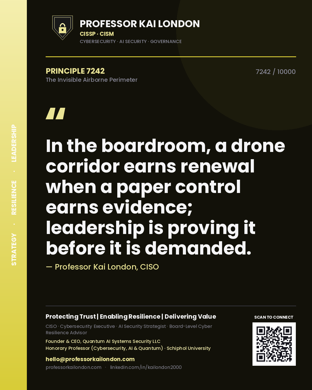 Quote card by Professor Kai London reading 'In the boardroom, a drone corridor earns renewal when a paper control earns evidence; leadership is proving it before it is demanded.'. From the book The Invisible Airborne Perimeter.