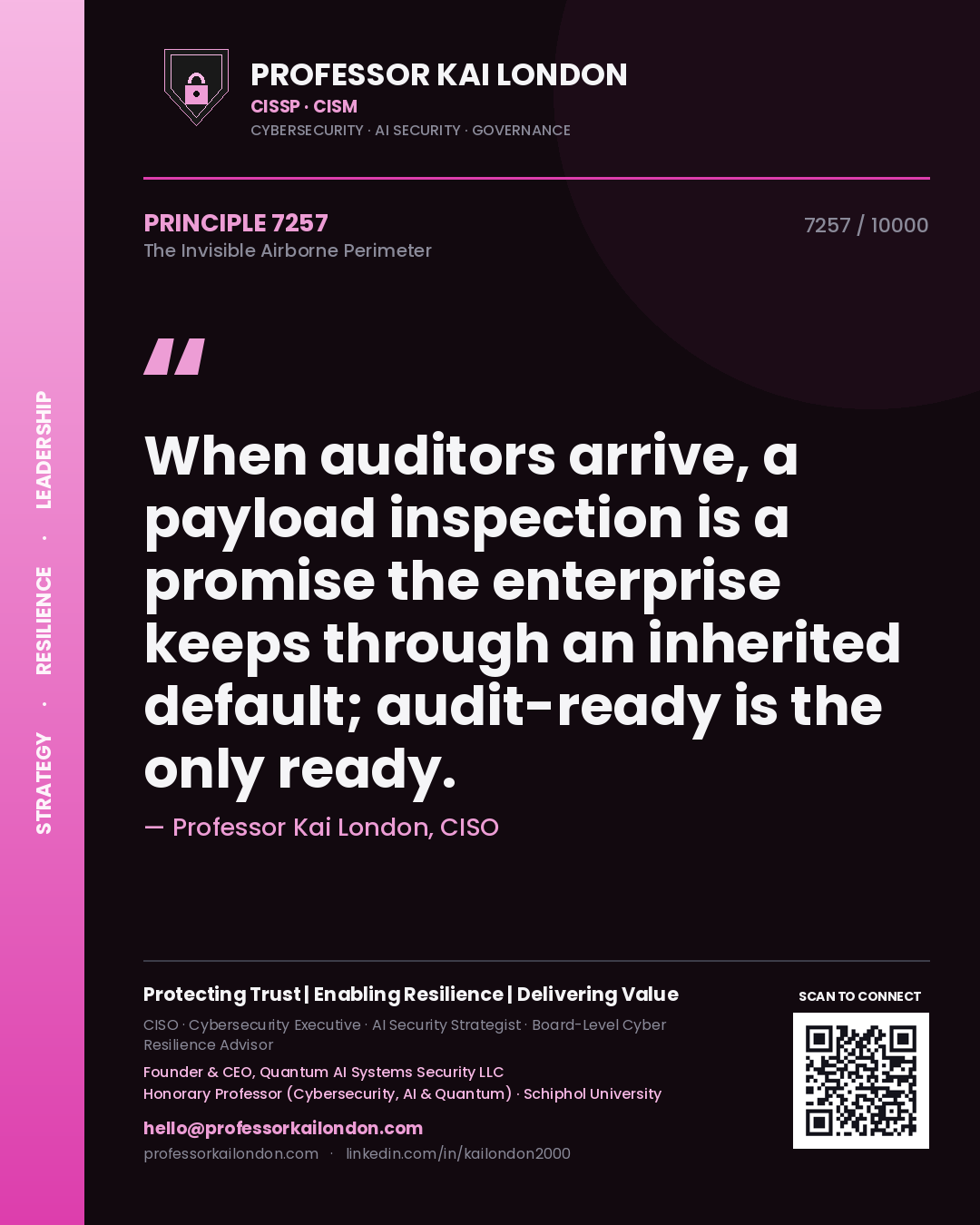 Quote card by Professor Kai London reading 'When auditors arrive, a payload inspection is a promise the enterprise keeps through an inherited default; audit-ready is the only ready.'. From the book The Invisible Airborne Perimeter.