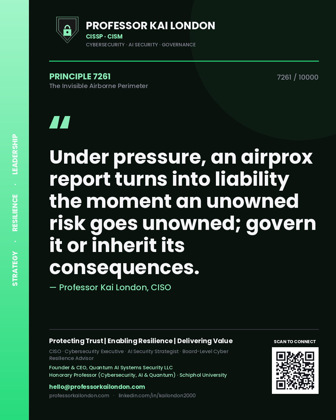 Professor Kai London principle 7261: Under pressure, an airprox report turns into liability the moment an unowned risk goes unowned; govern it or inherit its consequences.