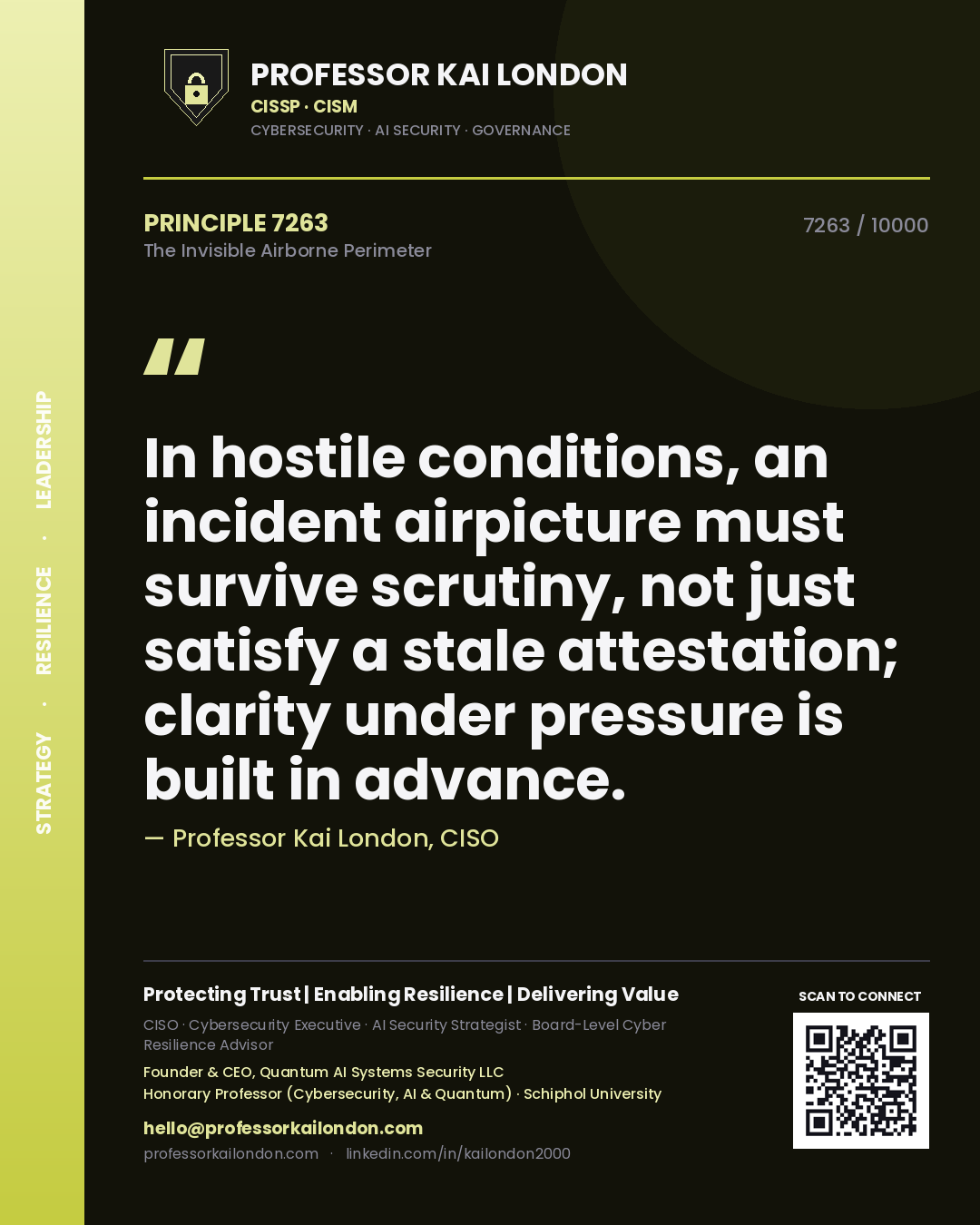 Quote card by Professor Kai London reading 'In hostile conditions, an incident airpicture must survive scrutiny, not just satisfy a stale attestation; clarity under pressure is built in advance.'. From the book The Invisible Airborne Perimeter.