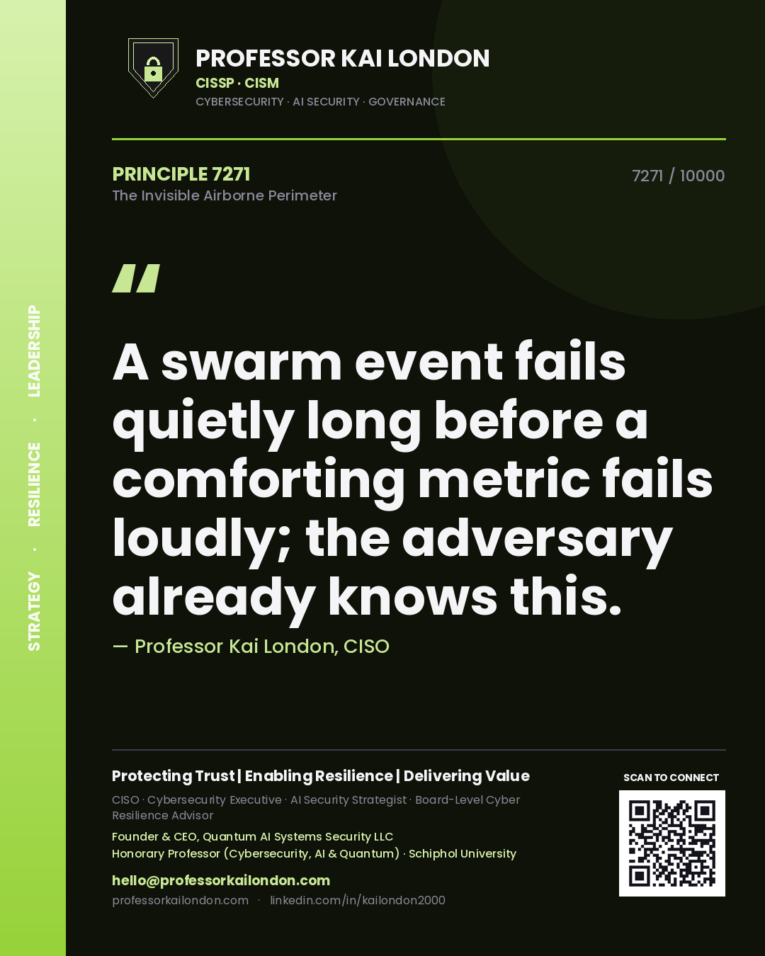 Quote card by Professor Kai London reading 'A swarm event fails quietly long before a comforting metric fails loudly; the adversary already knows this.'. From the book The Invisible Airborne Perimeter.