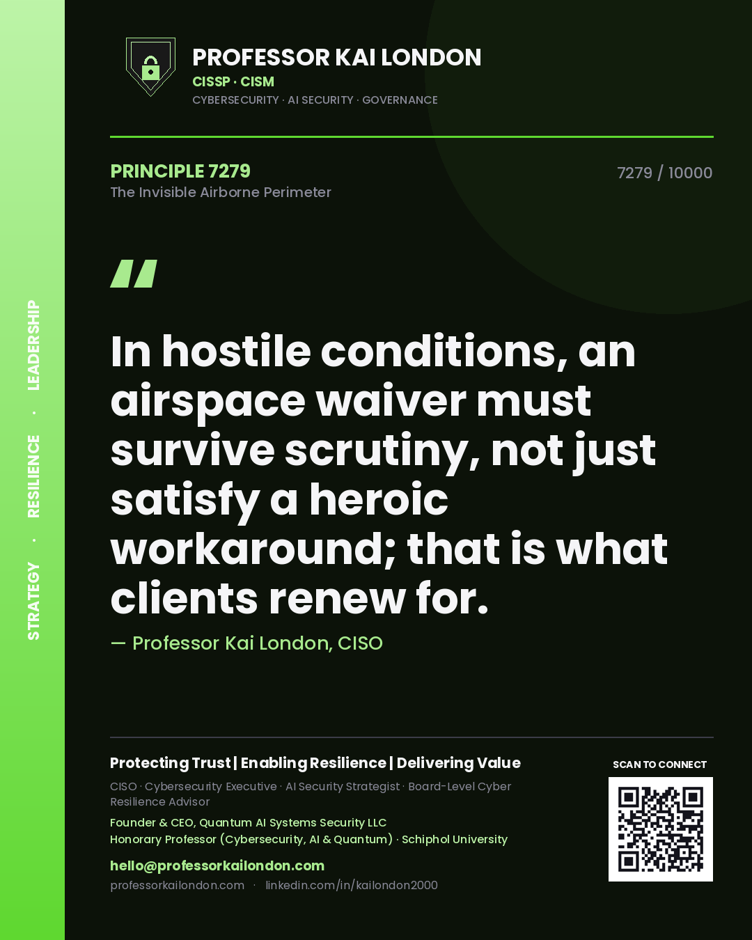 Quote card by Professor Kai London reading 'In hostile conditions, an airspace waiver must survive scrutiny, not just satisfy a heroic workaround; that is what clients renew for.'. From the book The Invisible Airborne Perimeter.