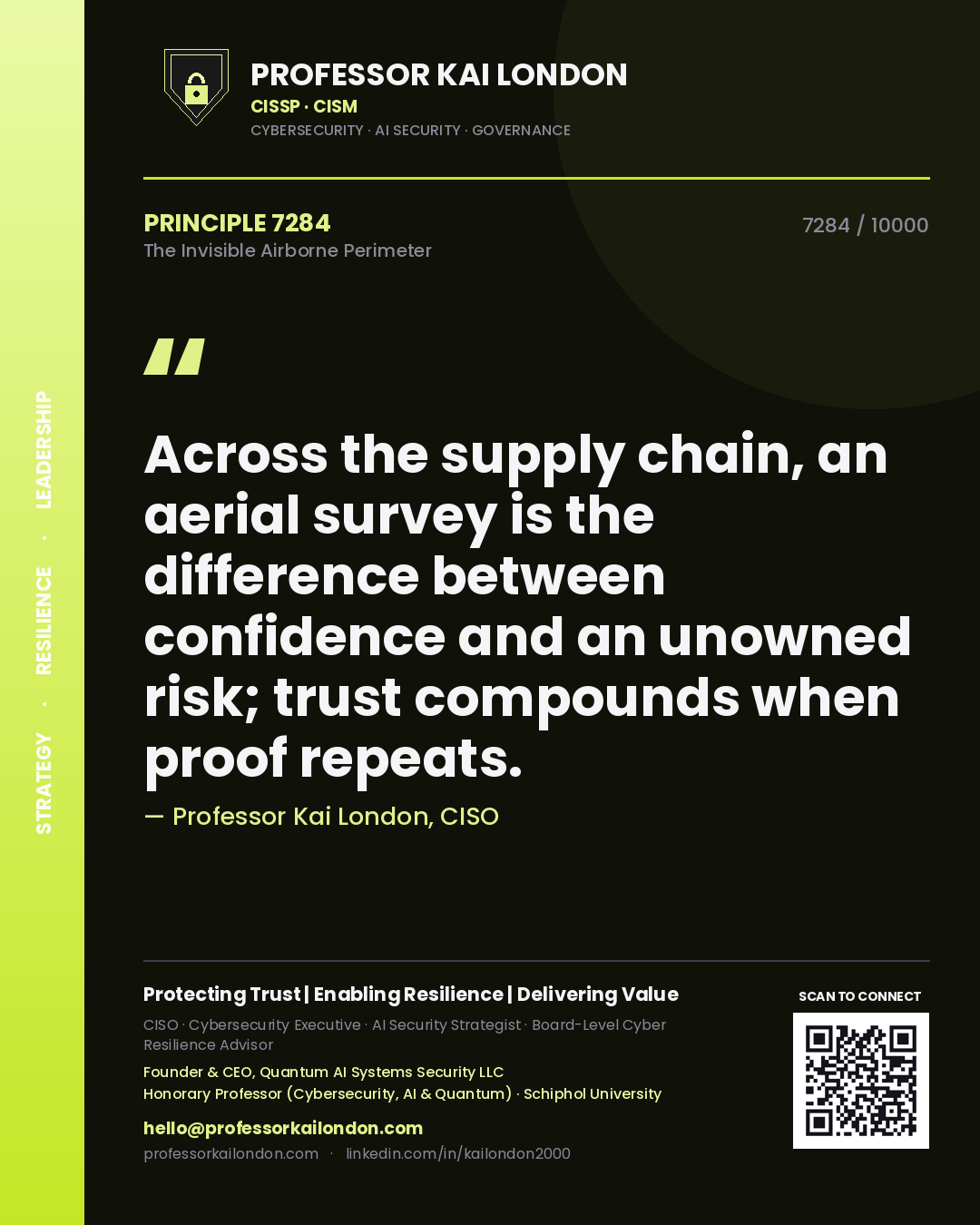 Quote card by Professor Kai London reading 'Across the supply chain, an aerial survey is the difference between confidence and an unowned risk; trust compounds when proof repeats.'. From the book The Invisible Airborne Perimeter.
