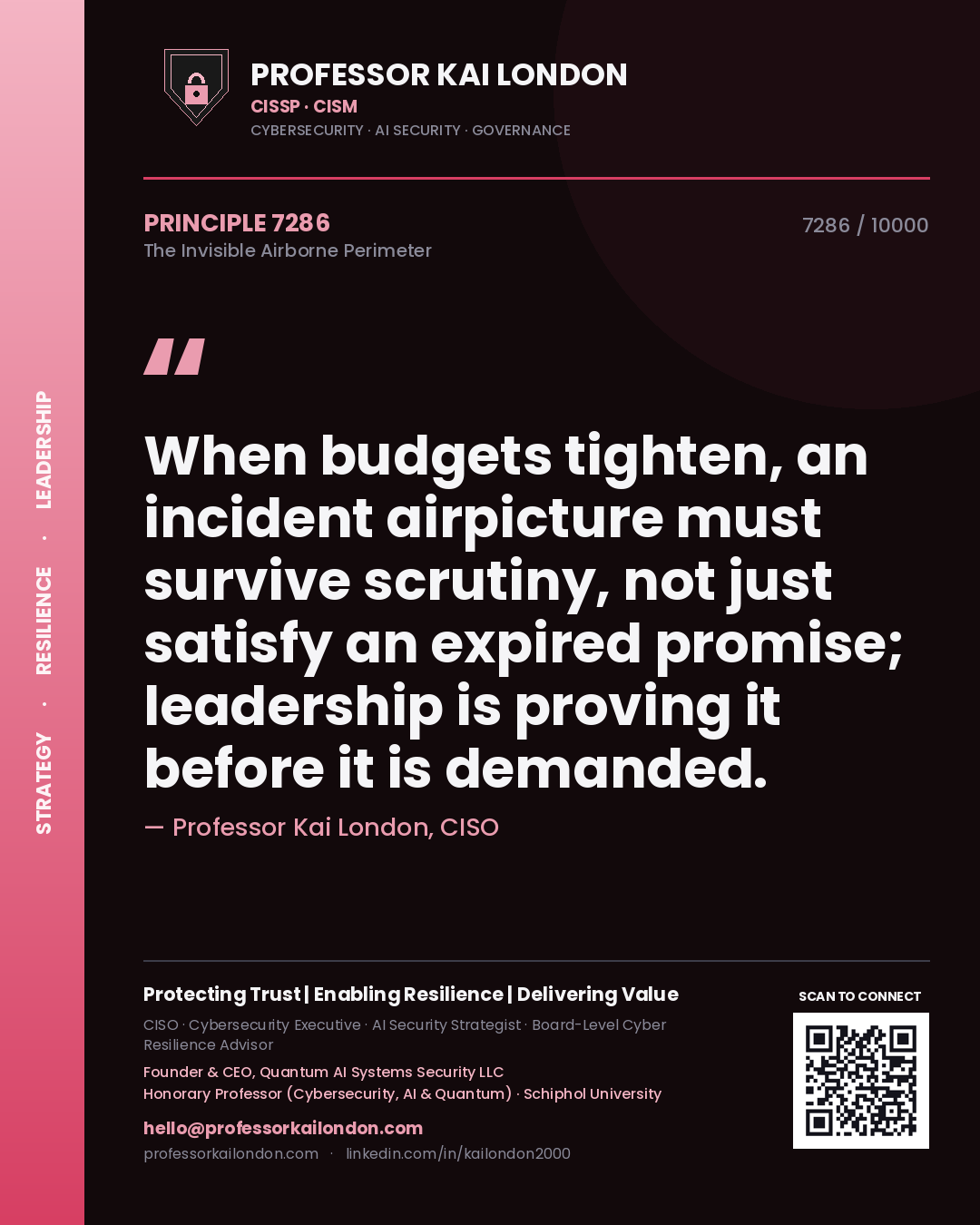 Quote card by Professor Kai London reading 'When budgets tighten, an incident airpicture must survive scrutiny, not just satisfy an expired promise; leadership is proving it before it is demanded.'. From the book The Invisible Airborne Perimeter.