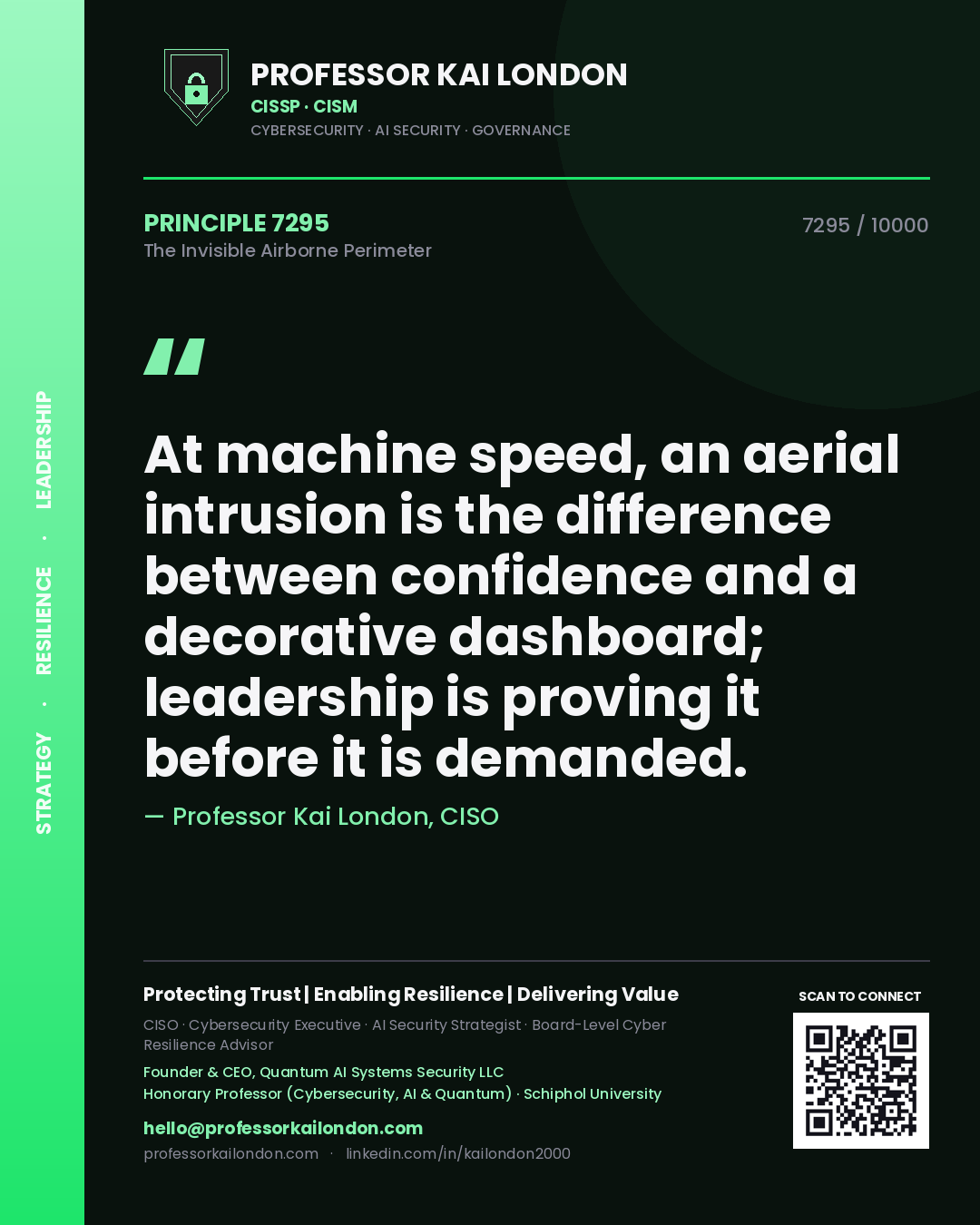 Quote card by Professor Kai London reading 'At machine speed, an aerial intrusion is the difference between confidence and a decorative dashboard; leadership is proving it before it is demanded.'. From the book The Invisible Airborne Perimeter.