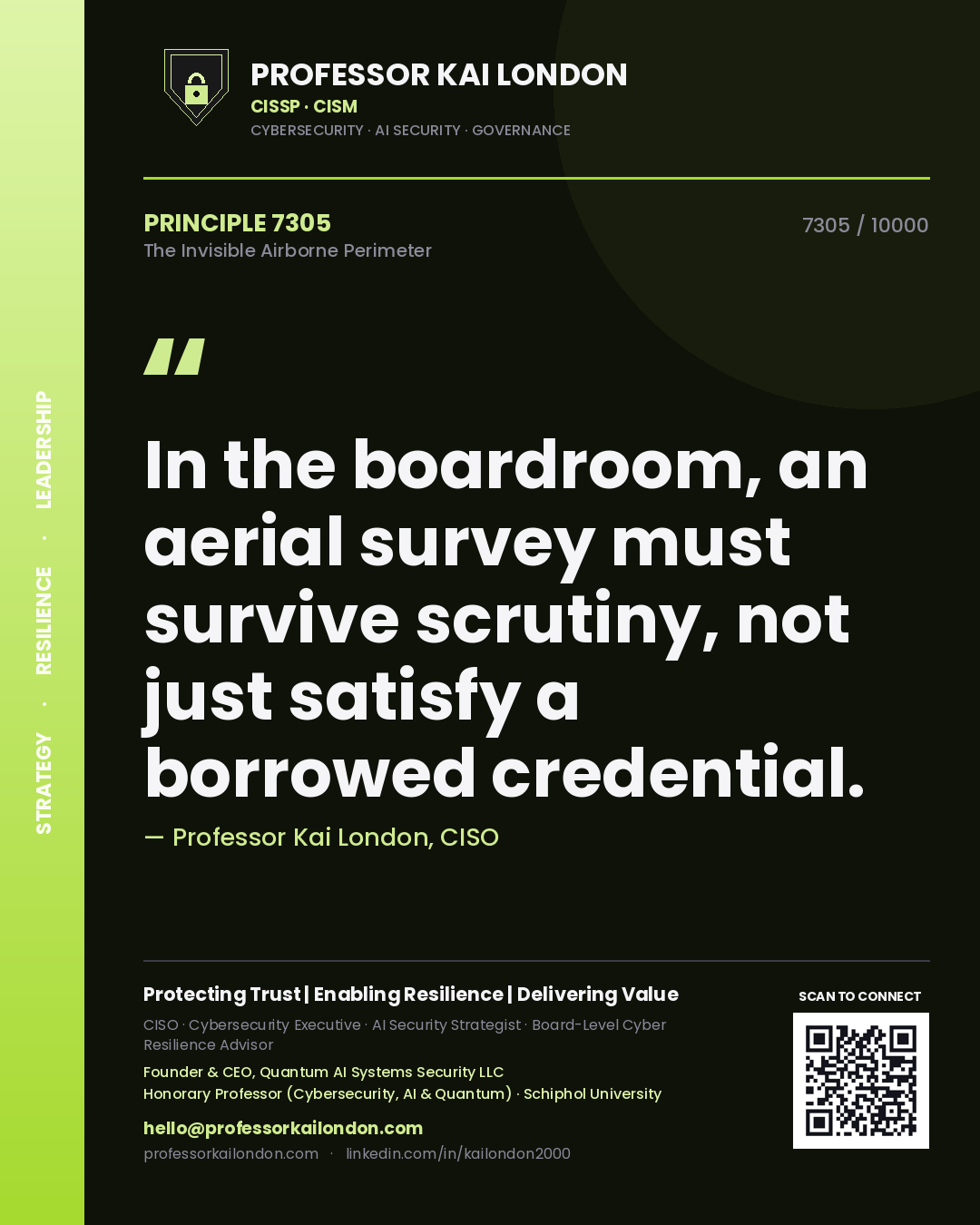 Quote card by Professor Kai London reading 'In the boardroom, an aerial survey must survive scrutiny, not just satisfy a borrowed credential.'. From the book The Invisible Airborne Perimeter.