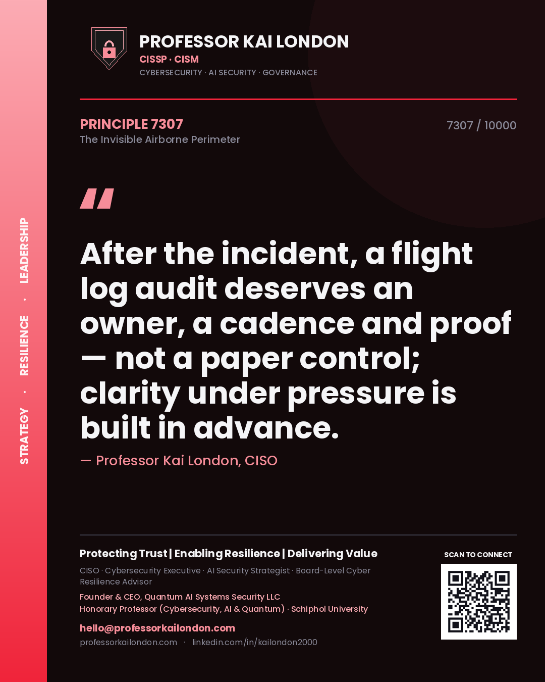 Quote card by Professor Kai London reading 'After the incident, a flight log audit deserves an owner, a cadence and proof — not a paper control; clarity under pressure is built in advance.'. From the book The Invisible Airborne Perimeter.
