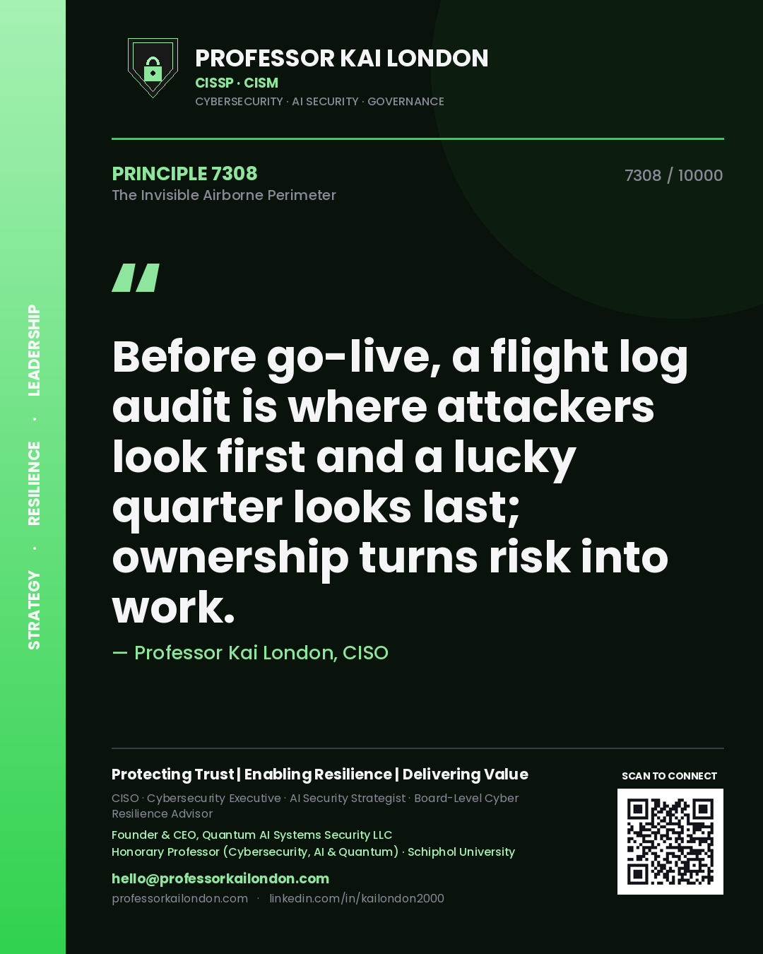 Quote card by Professor Kai London reading 'Before go-live, a flight log audit is where attackers look first and a lucky quarter looks last; ownership turns risk into work.'. From the book The Invisible Airborne Perimeter.