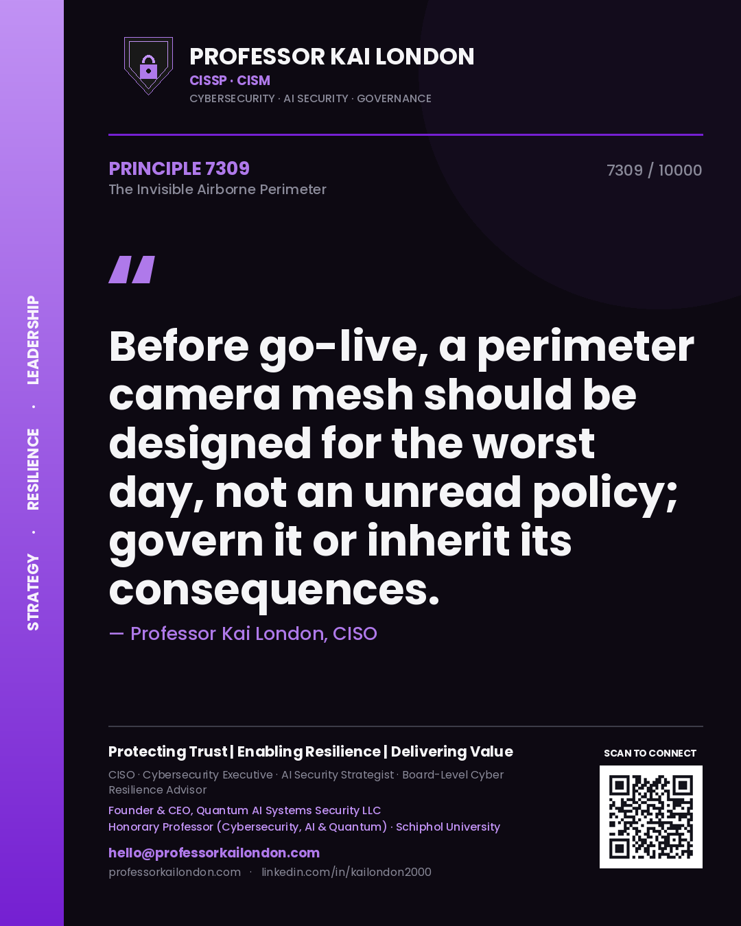 Quote card by Professor Kai London reading 'Before go-live, a perimeter camera mesh should be designed for the worst day, not an unread policy; govern it or inherit its consequences.'. From the book The Invisible Airborne Perimeter.