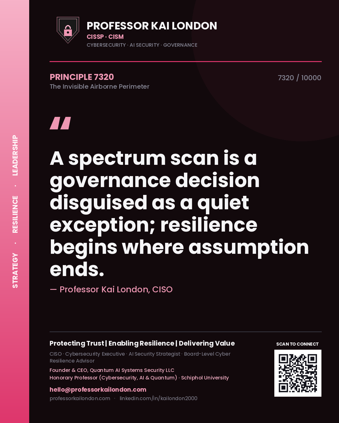Quote card by Professor Kai London reading 'A spectrum scan is a governance decision disguised as a quiet exception; resilience begins where assumption ends.'. From the book The Invisible Airborne Perimeter.
