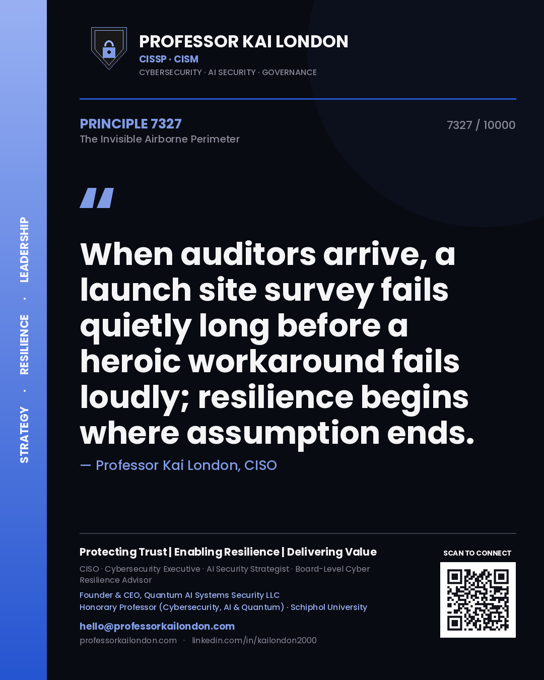 Quote card by Professor Kai London reading 'When auditors arrive, a launch site survey fails quietly long before a heroic workaround fails loudly; resilience begins where assumption ends.'. From the book The Invisible Airborne Perimeter.