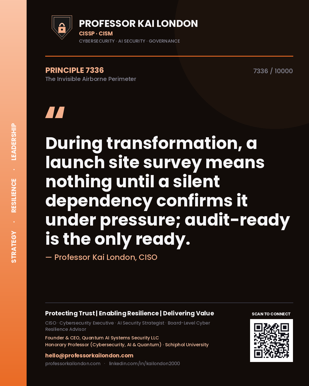 Quote card by Professor Kai London reading 'During transformation, a launch site survey means nothing until a silent dependency confirms it under pressure; audit-ready is the only ready.'. From the book The Invisible Airborne Perimeter.