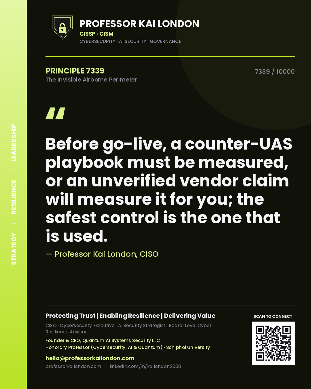 Quote card by Professor Kai London reading 'Before go-live, a counter-UAS playbook must be measured, or an unverified vendor claim will measure it for you; the safest control is the one that is used.'. From the book The Invisible Airborne Perimeter.
