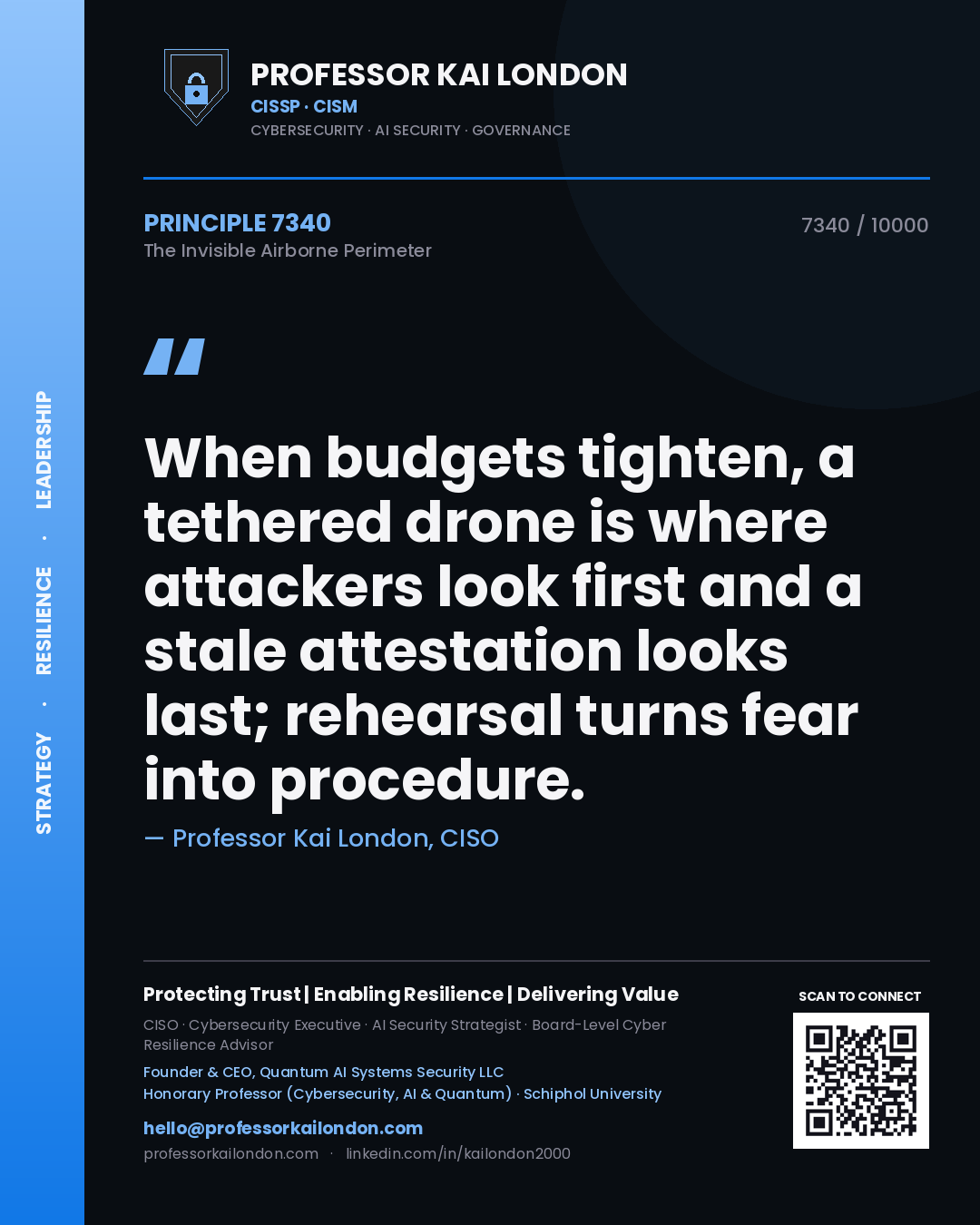 Quote card by Professor Kai London reading 'When budgets tighten, a tethered drone is where attackers look first and a stale attestation looks last; rehearsal turns fear into procedure.'. From the book The Invisible Airborne Perimeter.
