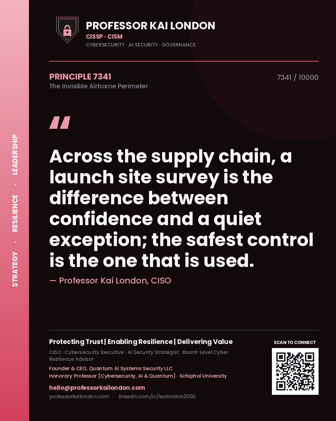 Quote card by Professor Kai London reading 'Across the supply chain, a launch site survey is the difference between confidence and a quiet exception; the safest control is the one that is used.'. From the book The Invisible Airborne Perimeter.