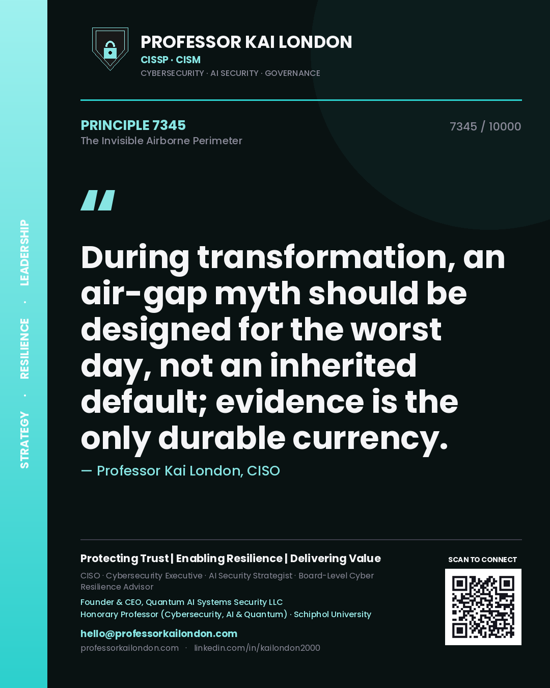 Quote card by Professor Kai London reading 'During transformation, an air-gap myth should be designed for the worst day, not an inherited default; evidence is the only durable currency.'. From the book The Invisible Airborne Perimeter.