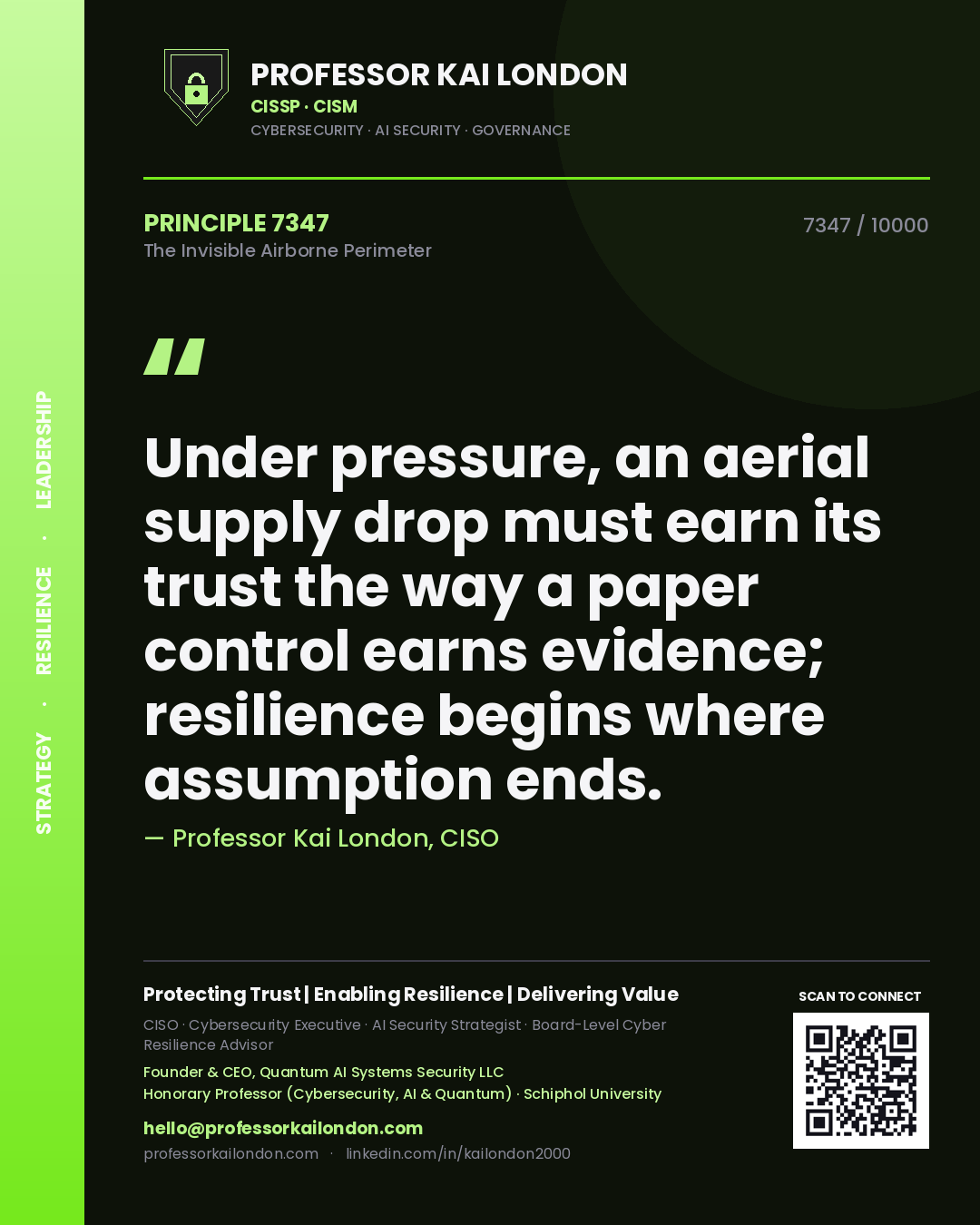 Quote card by Professor Kai London reading 'Under pressure, an aerial supply drop must earn its trust the way a paper control earns evidence; resilience begins where assumption ends.'. From the book The Invisible Airborne Perimeter.