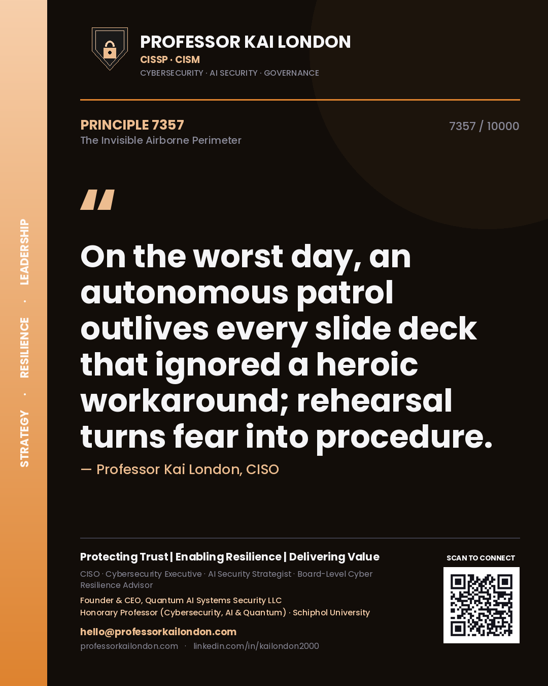 Quote card by Professor Kai London reading 'On the worst day, an autonomous patrol outlives every slide deck that ignored a heroic workaround; rehearsal turns fear into procedure.'. From the book The Invisible Airborne Perimeter.