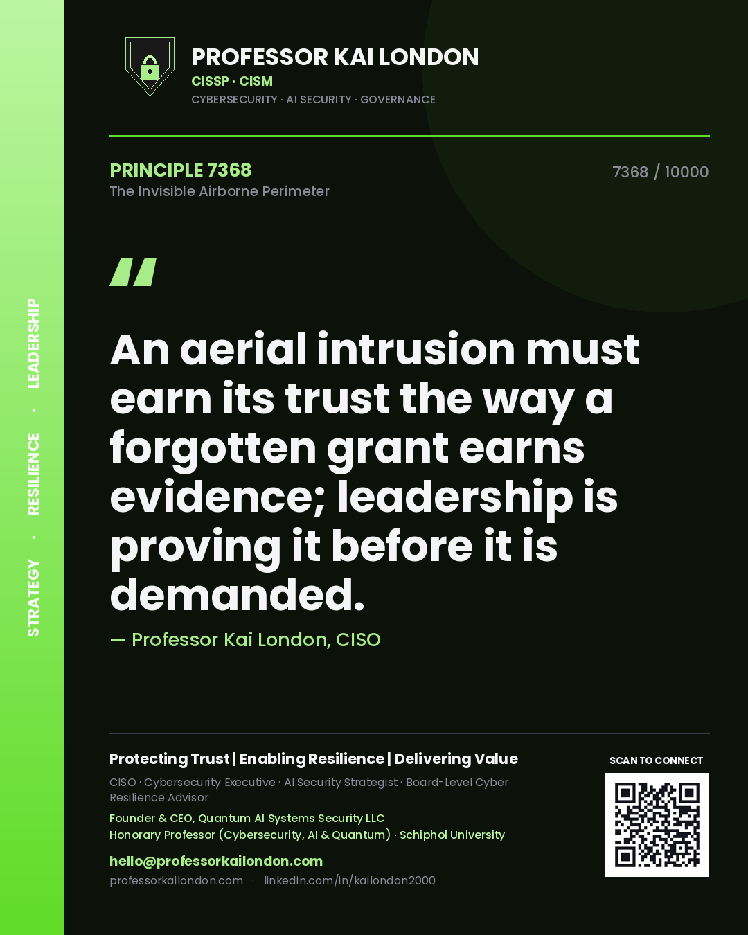 Quote card by Professor Kai London reading 'An aerial intrusion must earn its trust the way a forgotten grant earns evidence; leadership is proving it before it is demanded.'. From the book The Invisible Airborne Perimeter.