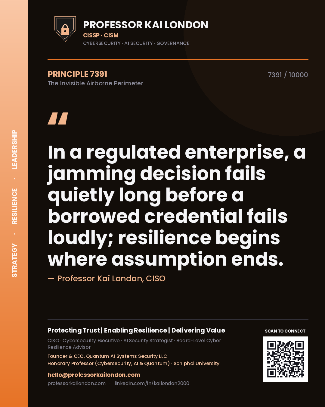 Quote card by Professor Kai London reading 'In a regulated enterprise, a jamming decision fails quietly long before a borrowed credential fails loudly; resilience begins where assumption ends.'. From the book The Invisible Airborne Perimeter.