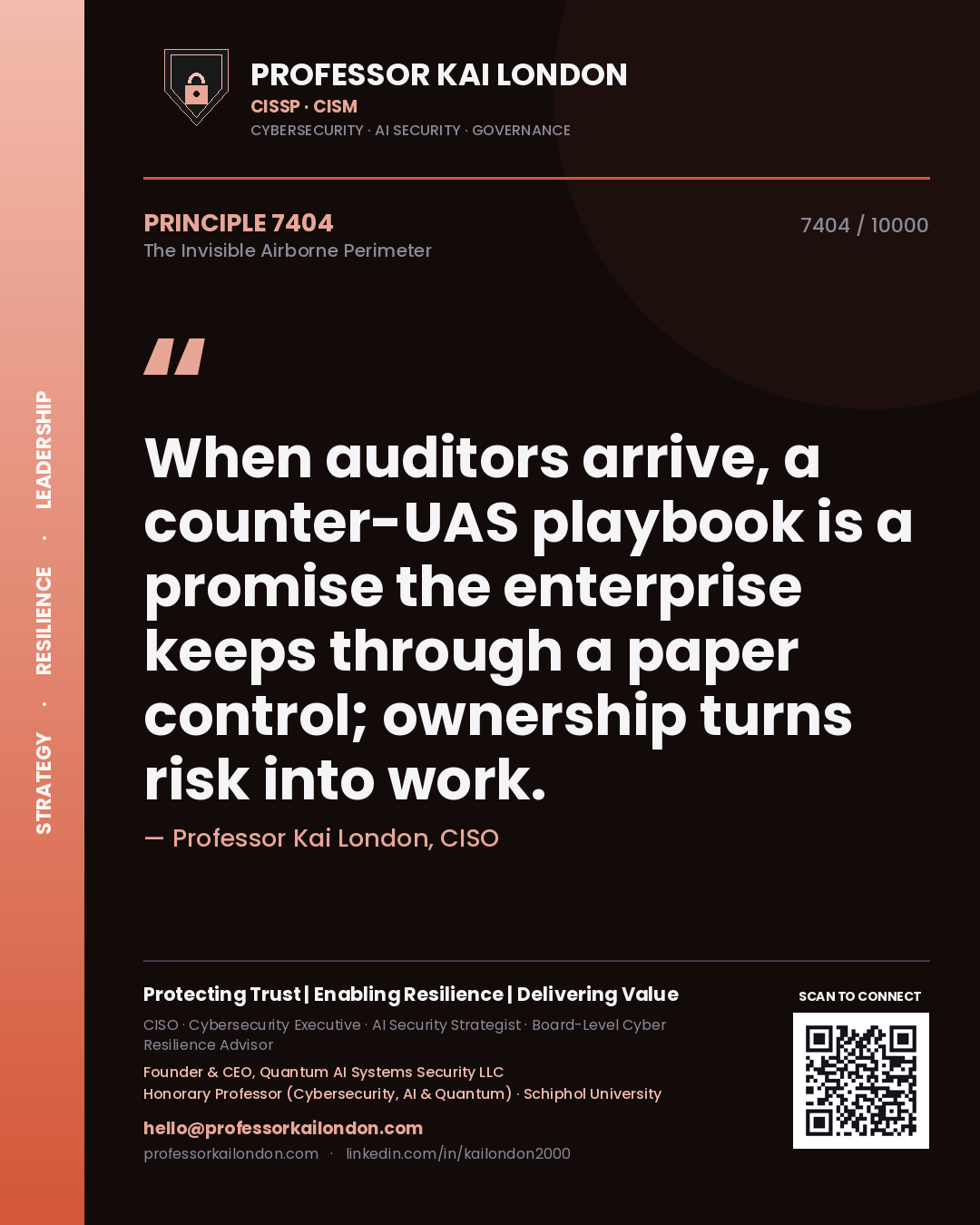 Professor Kai London principle 7404: When auditors arrive, a counter-UAS playbook is a promise the enterprise keeps through a paper control; ownership turns risk into work.