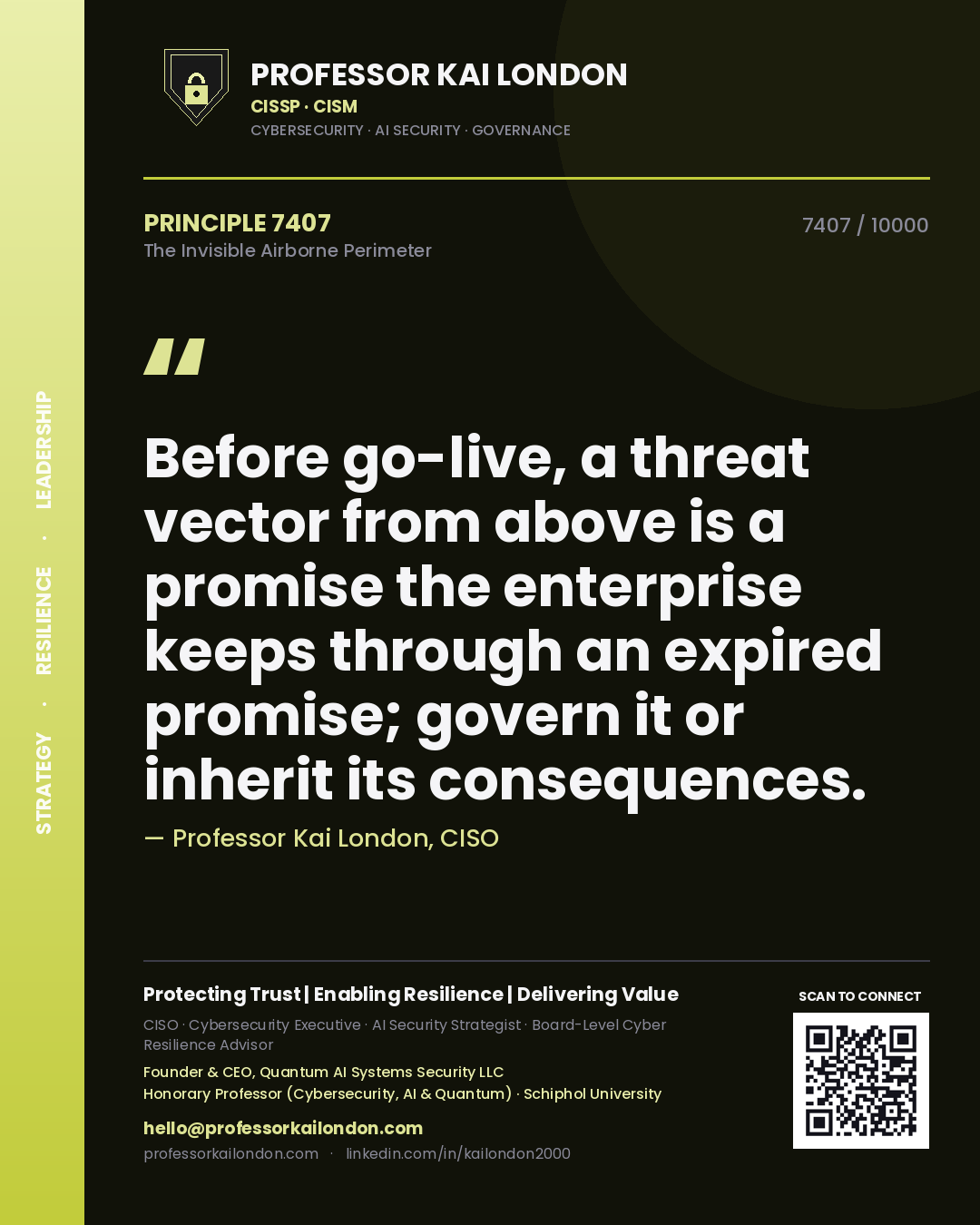 Quote card by Professor Kai London reading 'Before go-live, a threat vector from above is a promise the enterprise keeps through an expired promise; govern it or inherit its consequences.'. From the book The Invisible Airborne Perimeter.