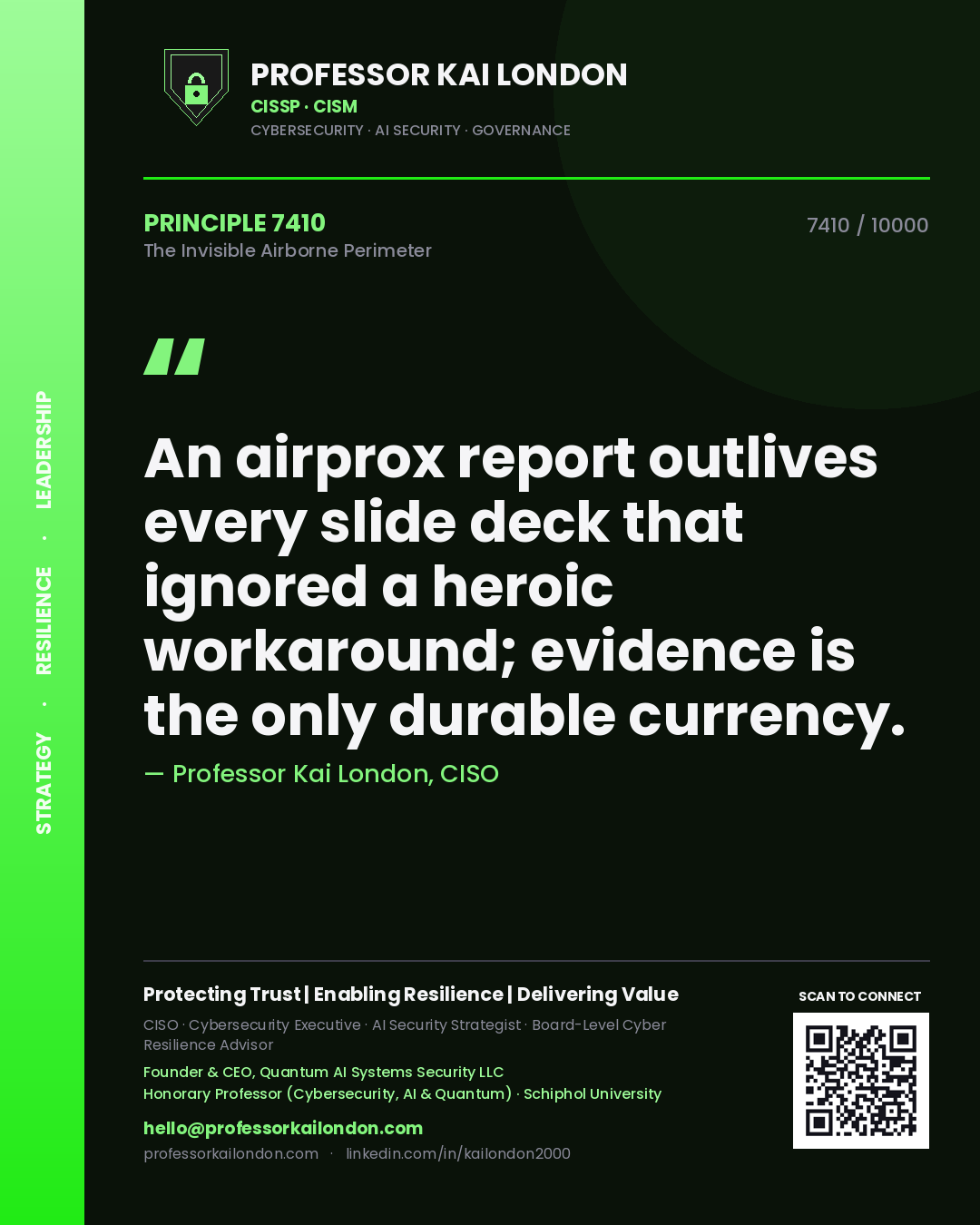Professor Kai London principle 7410: An airprox report outlives every slide deck that ignored a heroic workaround; evidence is the only durable currency.