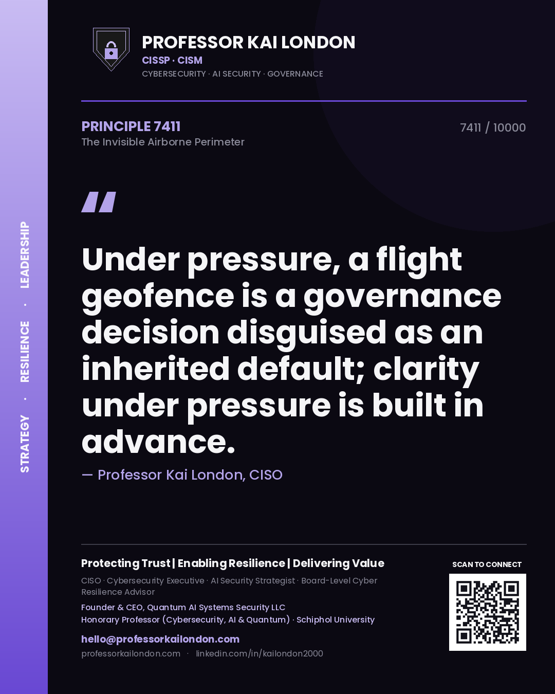 Quote card by Professor Kai London reading 'Under pressure, a flight geofence is a governance decision disguised as an inherited default; clarity under pressure is built in advance.'. From the book The Invisible Airborne Perimeter.