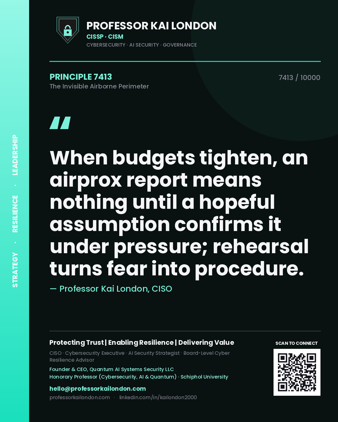 Quote card by Professor Kai London reading 'When budgets tighten, an airprox report means nothing until a hopeful assumption confirms it under pressure; rehearsal turns fear into procedure.'. From the book The Invisible Airborne Perimeter.