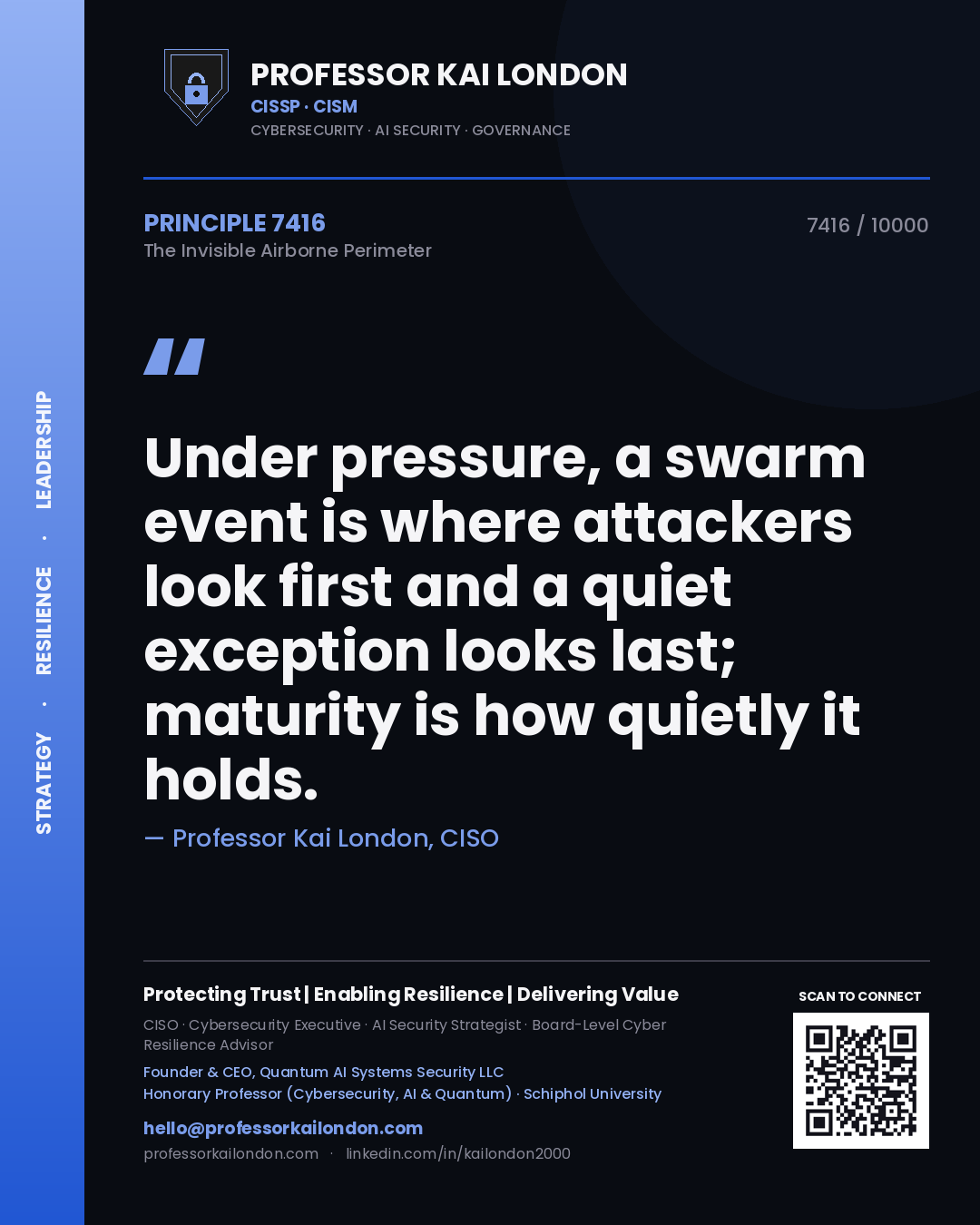 Quote card by Professor Kai London reading 'Under pressure, a swarm event is where attackers look first and a quiet exception looks last; maturity is how quietly it holds.'. From the book The Invisible Airborne Perimeter.