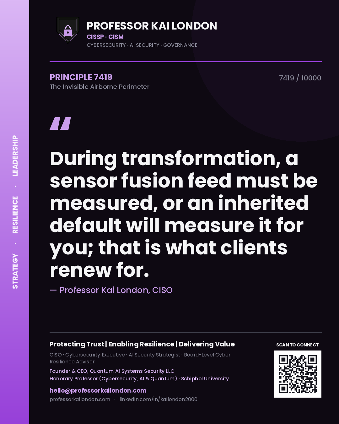 Quote card by Professor Kai London reading 'During transformation, a sensor fusion feed must be measured, or an inherited default will measure it for you; that is what clients renew for.'. From the book The Invisible Airborne Perimeter.