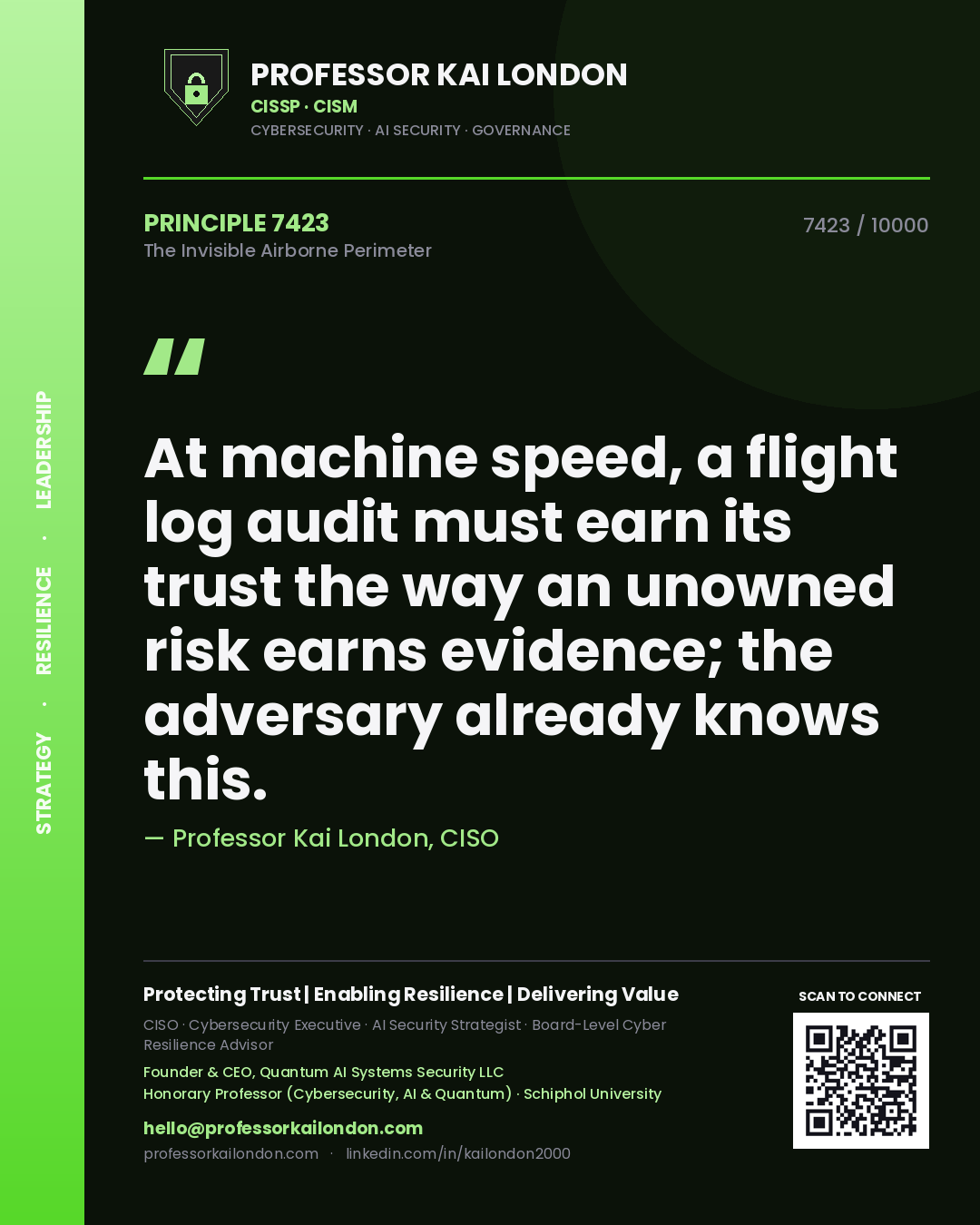 Quote card by Professor Kai London reading 'At machine speed, a flight log audit must earn its trust the way an unowned risk earns evidence; the adversary already knows this.'. From the book The Invisible Airborne Perimeter.