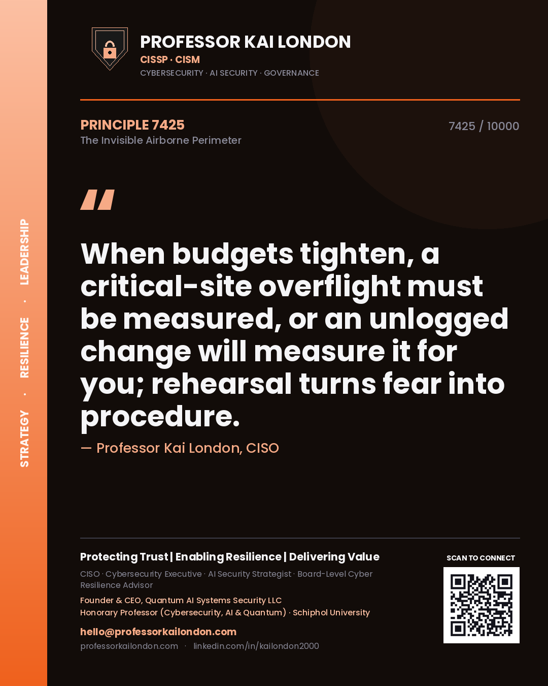 Quote card by Professor Kai London reading 'When budgets tighten, a critical-site overflight must be measured, or an unlogged change will measure it for you; rehearsal turns fear into procedure.'. From the book The Invisible Airborne Perimeter.
