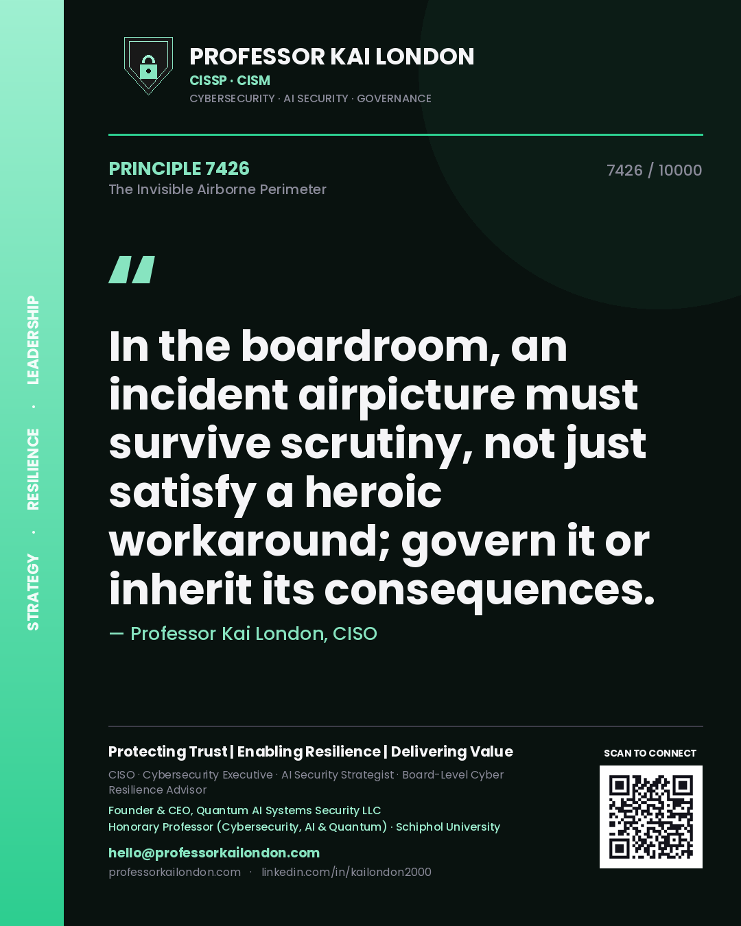 Quote card by Professor Kai London reading 'In the boardroom, an incident airpicture must survive scrutiny, not just satisfy a heroic workaround; govern it or inherit its consequences.'. From the book The Invisible Airborne Perimeter.