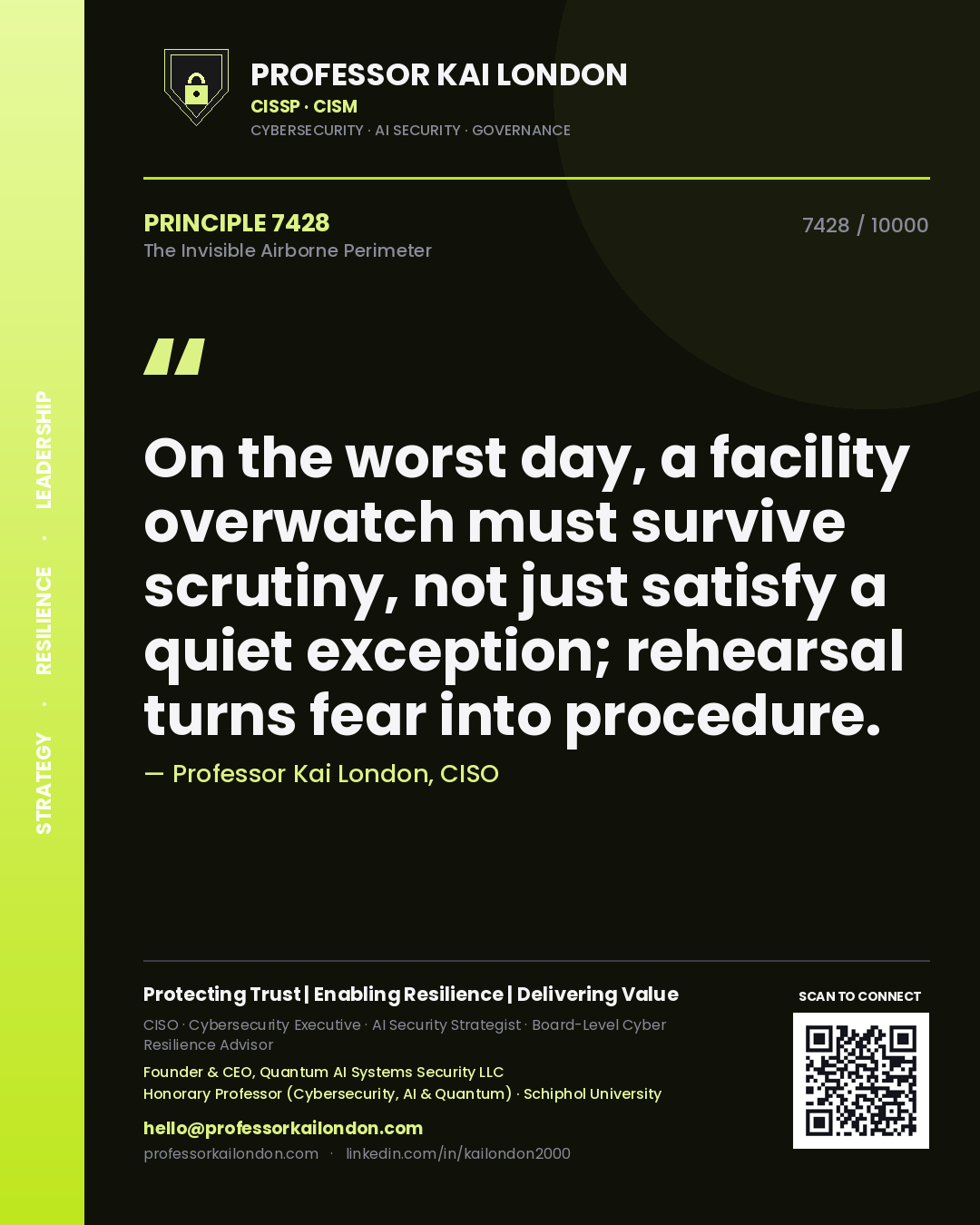 Quote card by Professor Kai London reading 'On the worst day, a facility overwatch must survive scrutiny, not just satisfy a quiet exception; rehearsal turns fear into procedure.'. From the book The Invisible Airborne Perimeter.