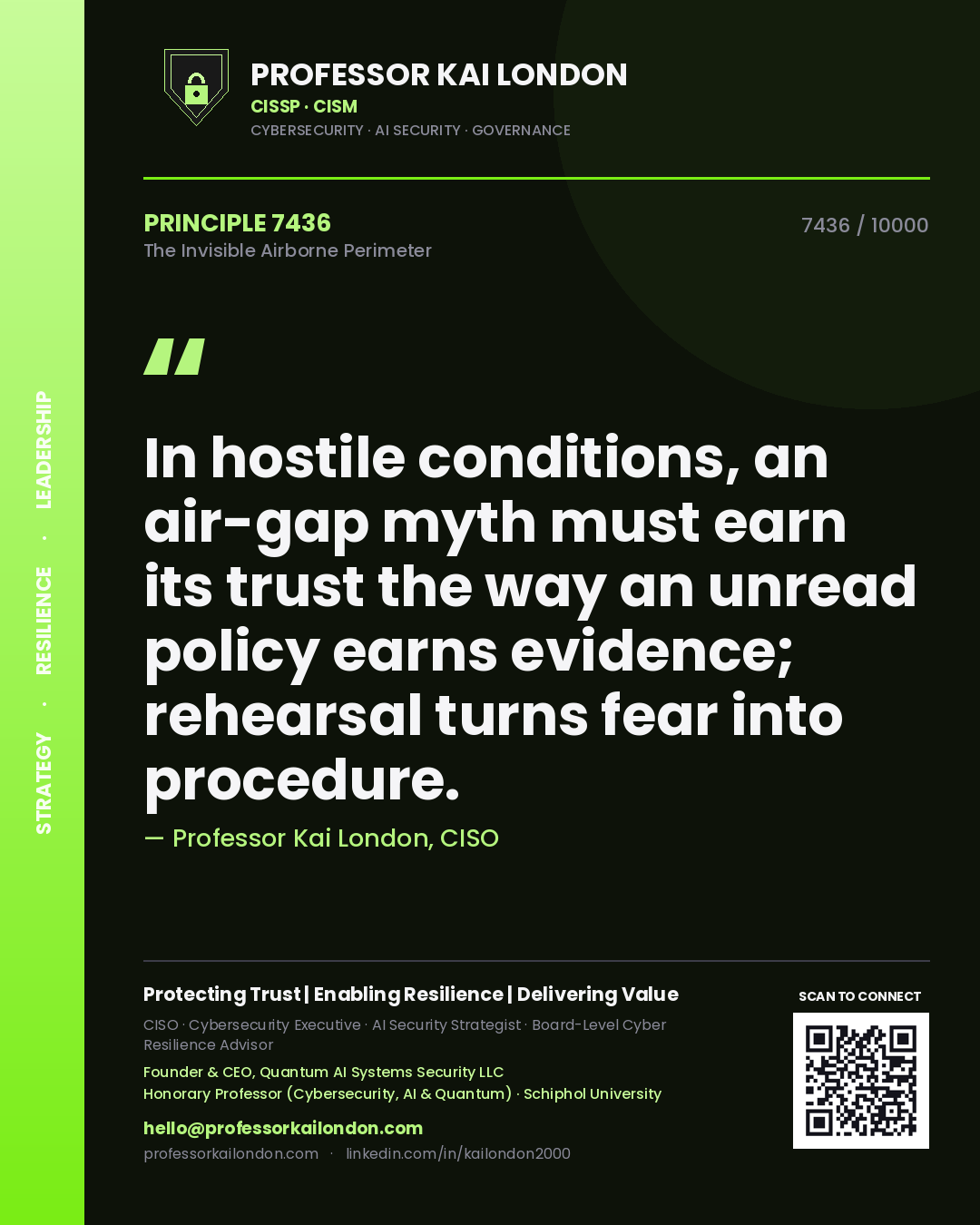 Quote card by Professor Kai London reading 'In hostile conditions, an air-gap myth must earn its trust the way an unread policy earns evidence; rehearsal turns fear into procedure.'. From the book The Invisible Airborne Perimeter.