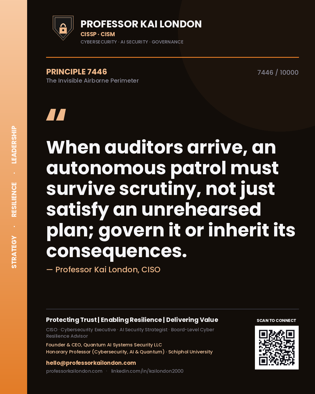 Quote card by Professor Kai London reading 'When auditors arrive, an autonomous patrol must survive scrutiny, not just satisfy an unrehearsed plan; govern it or inherit its consequences.'. From the book The Invisible Airborne Perimeter.