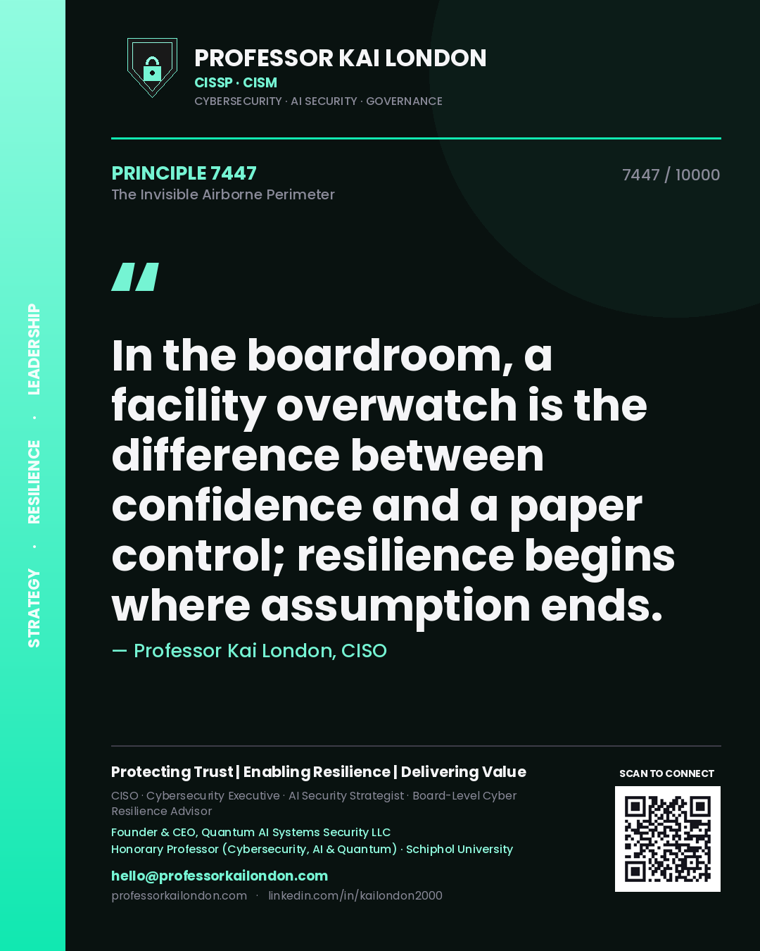 Quote card by Professor Kai London reading 'In the boardroom, a facility overwatch is the difference between confidence and a paper control; resilience begins where assumption ends.'. From the book The Invisible Airborne Perimeter.