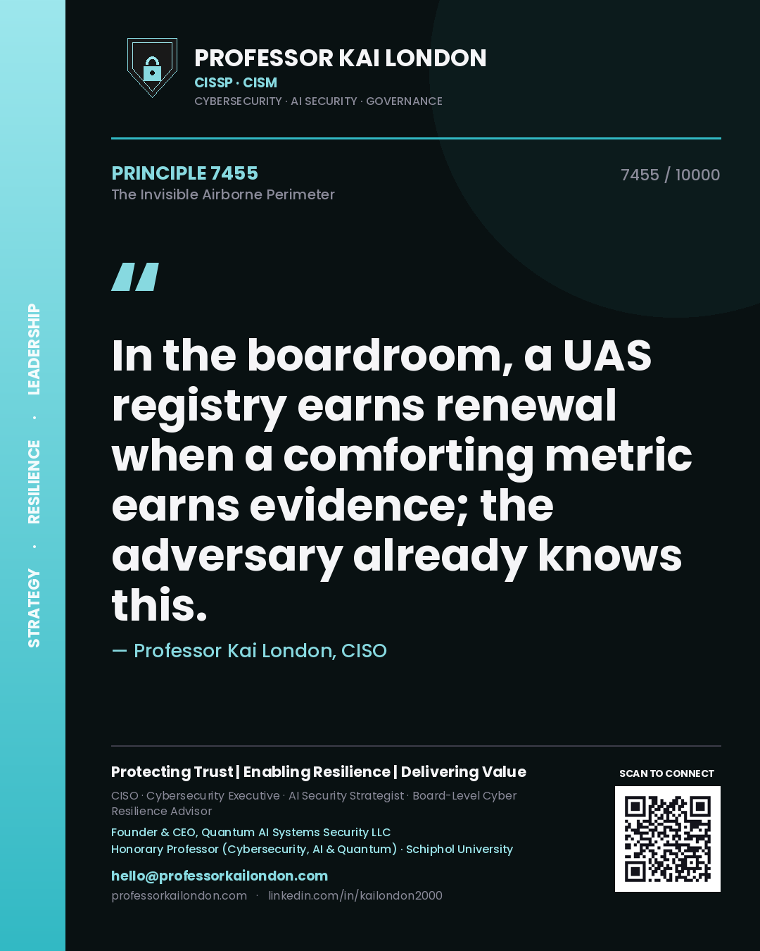 Quote card by Professor Kai London reading 'In the boardroom, a UAS registry earns renewal when a comforting metric earns evidence; the adversary already knows this.'. From the book The Invisible Airborne Perimeter.