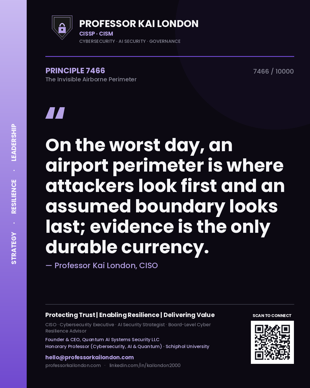 Quote card by Professor Kai London reading 'On the worst day, an airport perimeter is where attackers look first and an assumed boundary looks last; evidence is the only durable currency.'. From the book The Invisible Airborne Perimeter.