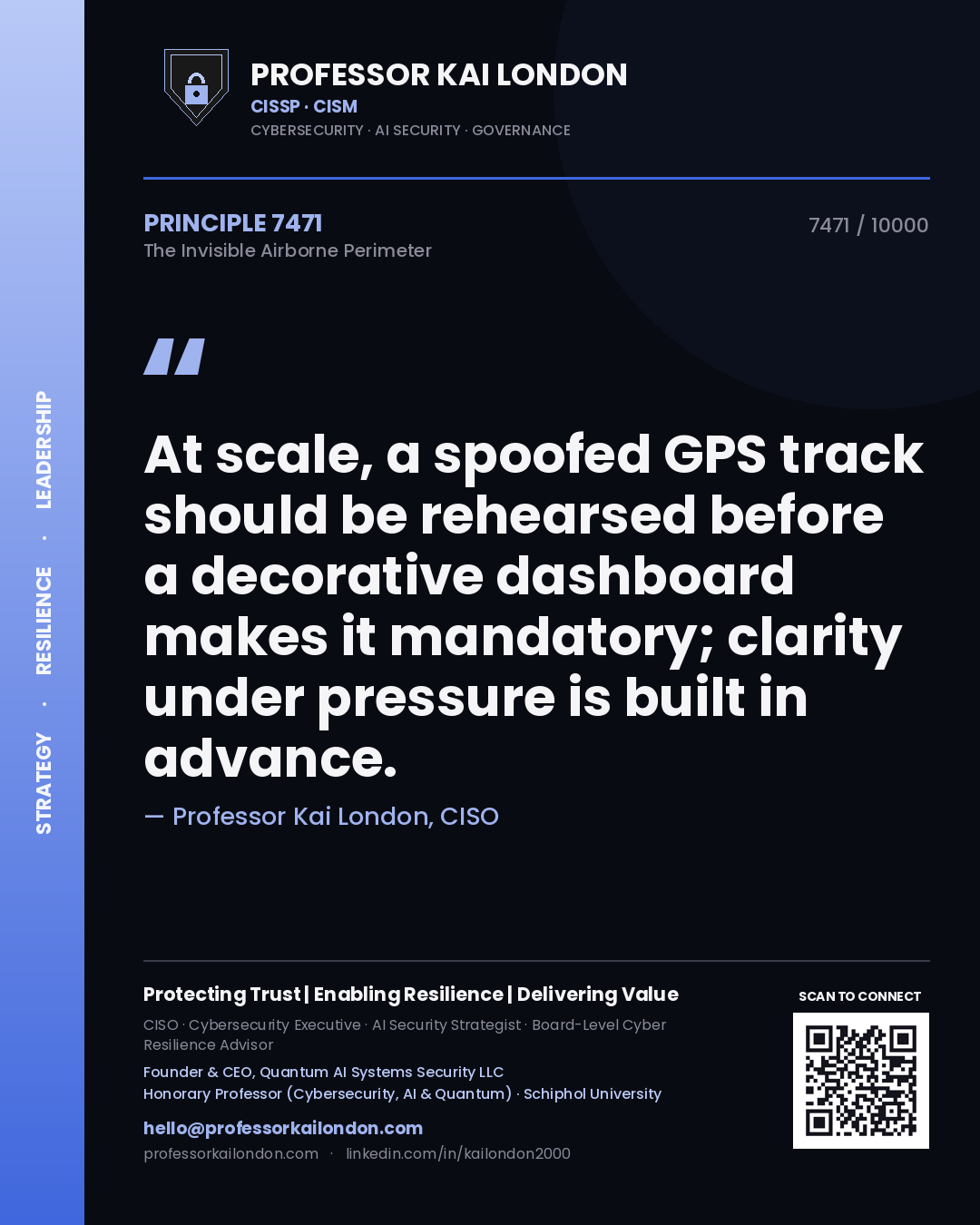 Quote card by Professor Kai London reading 'At scale, a spoofed GPS track should be rehearsed before a decorative dashboard makes it mandatory; clarity under pressure is built in advance.'. From the book The Invisible Airborne Perimeter.