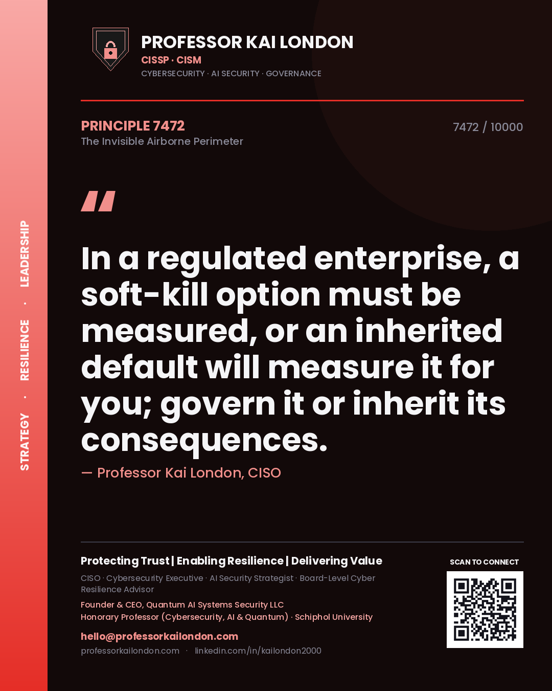 Quote card by Professor Kai London reading 'In a regulated enterprise, a soft-kill option must be measured, or an inherited default will measure it for you; govern it or inherit its consequences.'. From the book The Invisible Airborne Perimeter.