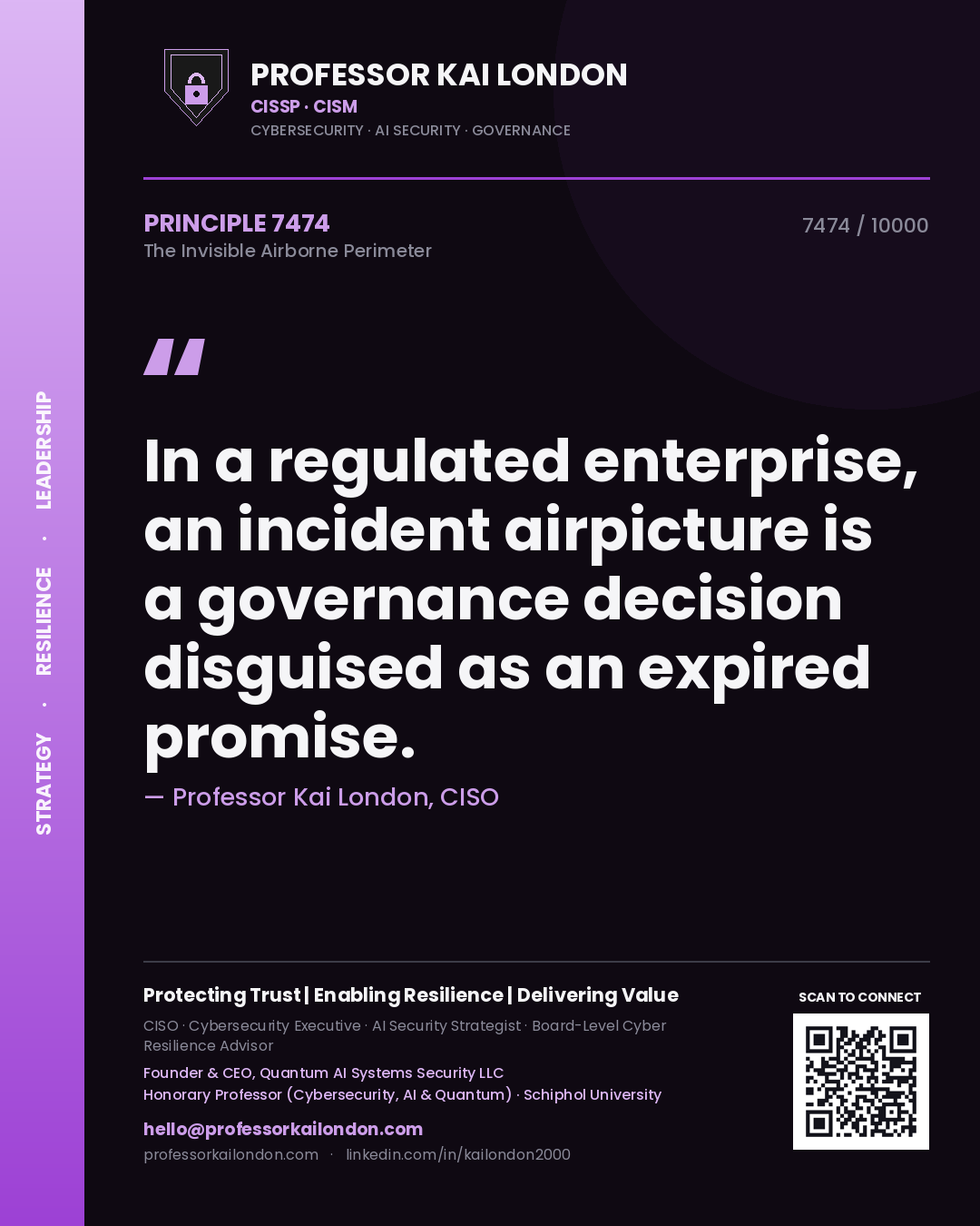 Quote card by Professor Kai London reading 'In a regulated enterprise, an incident airpicture is a governance decision disguised as an expired promise.'. From the book The Invisible Airborne Perimeter.